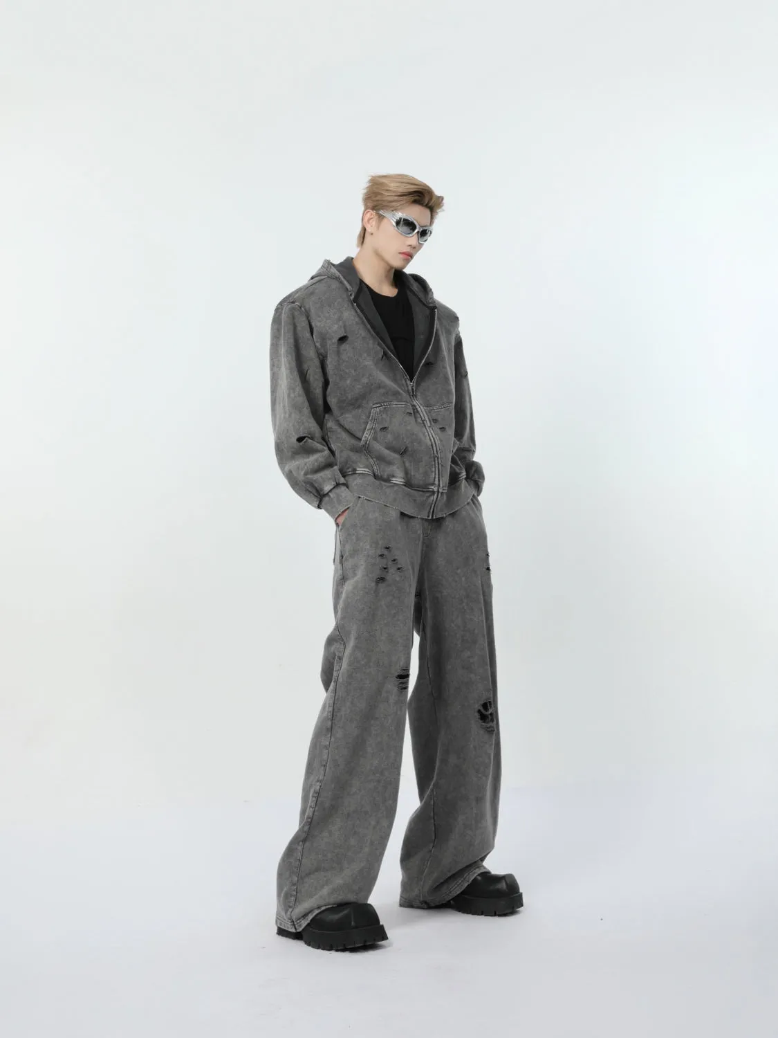 【24s March.】Destroyed Washed Distressed Hooded Cardigan Baggy Pants Suit