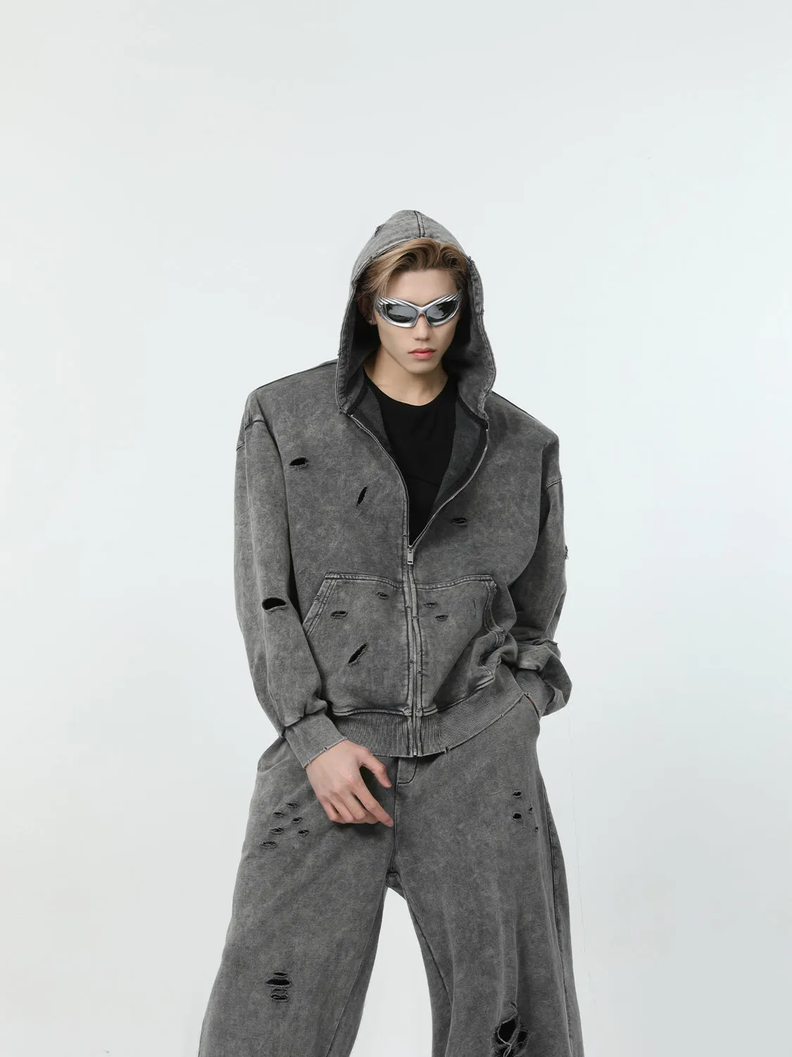 【24s March.】Destroyed Washed Distressed Hooded Cardigan Baggy Pants Suit