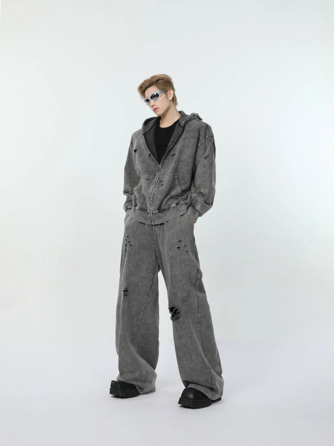 【24s March.】Destroyed Washed Distressed Hooded Cardigan Baggy Pants Suit