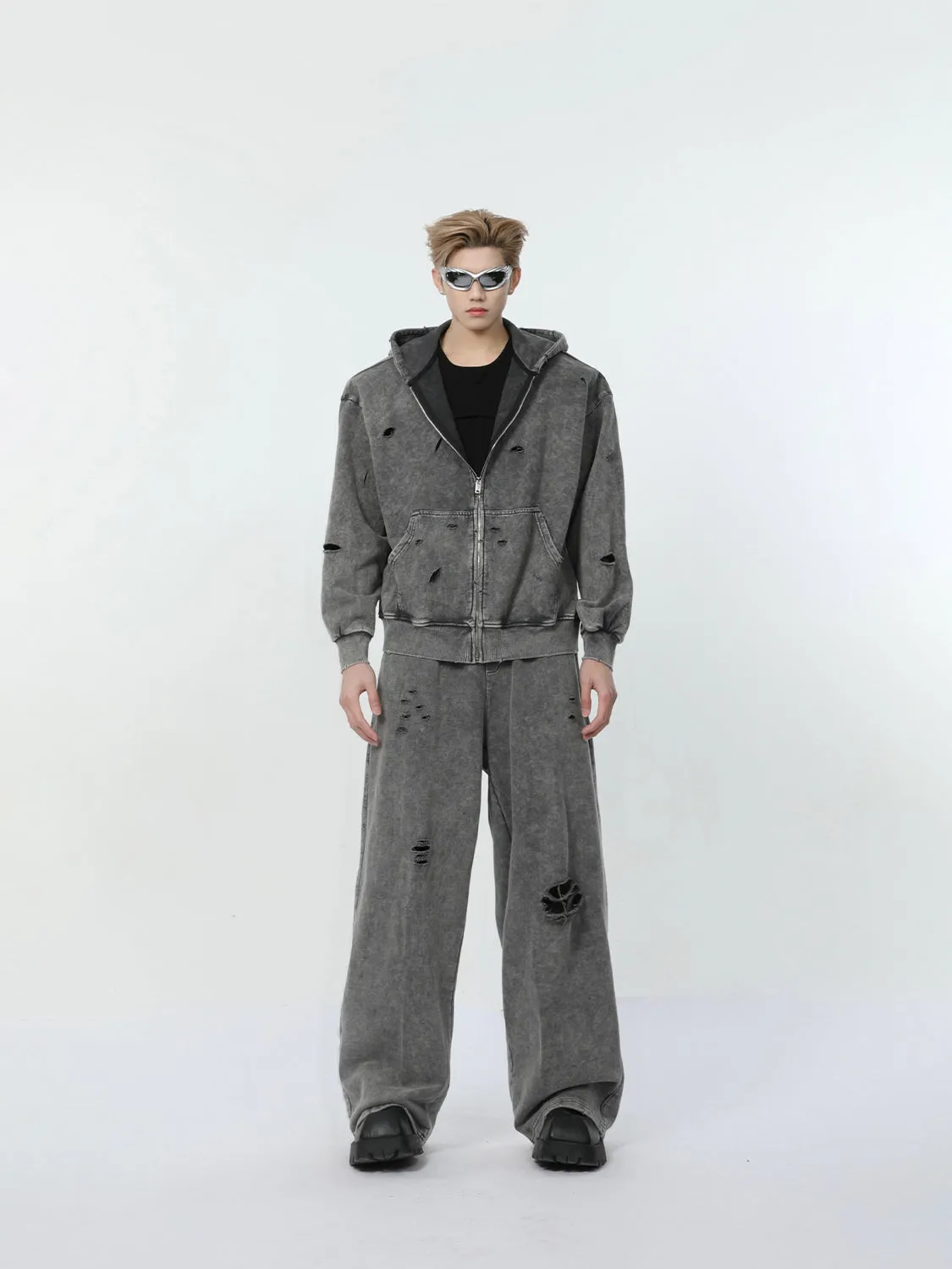 【24s March.】Destroyed Washed Distressed Hooded Cardigan Baggy Pants Suit