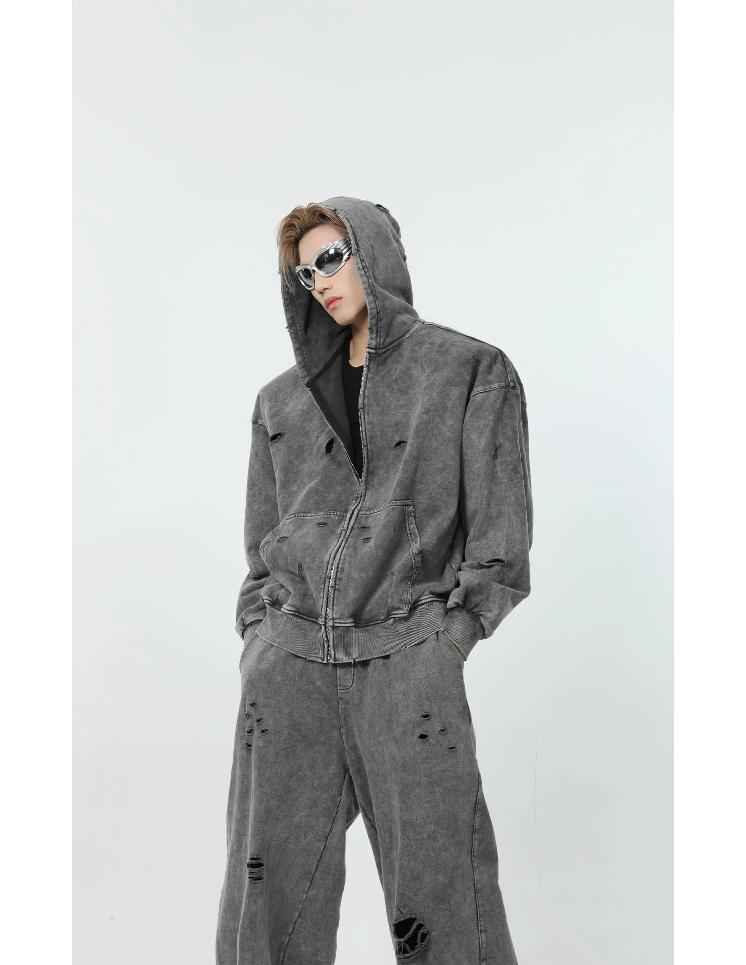 【24s March.】Destroyed Washed Distressed Hooded Cardigan Baggy Pants Suit