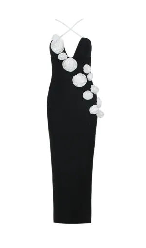 3D FLORAL PEARL SUSPENDER MIDI DRESS IN BLACK