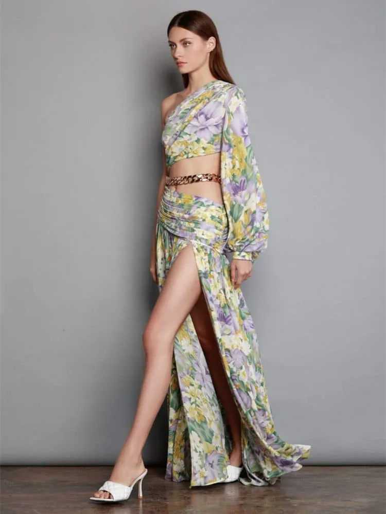 Amy Fashion - Elegant Floral Irregular Cut Out Long Sleeve Dress