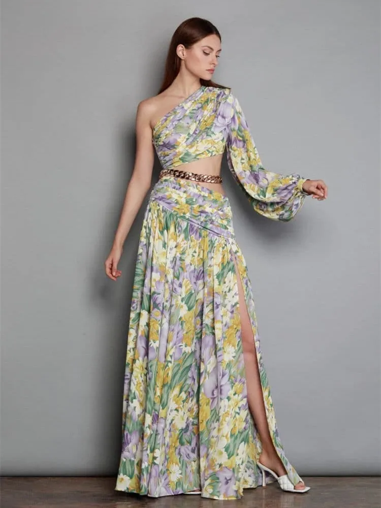 Amy Fashion - Elegant Floral Irregular Cut Out Long Sleeve Dress