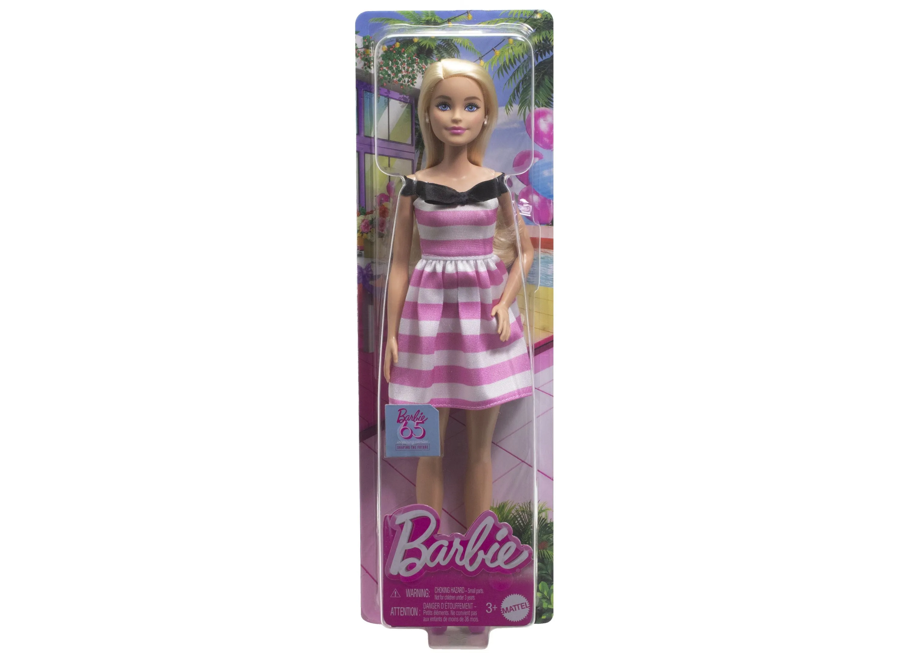 Barbie 65th Anniversary Fashion Doll with Blonde Hair, Pink Striped Dress and Accessories