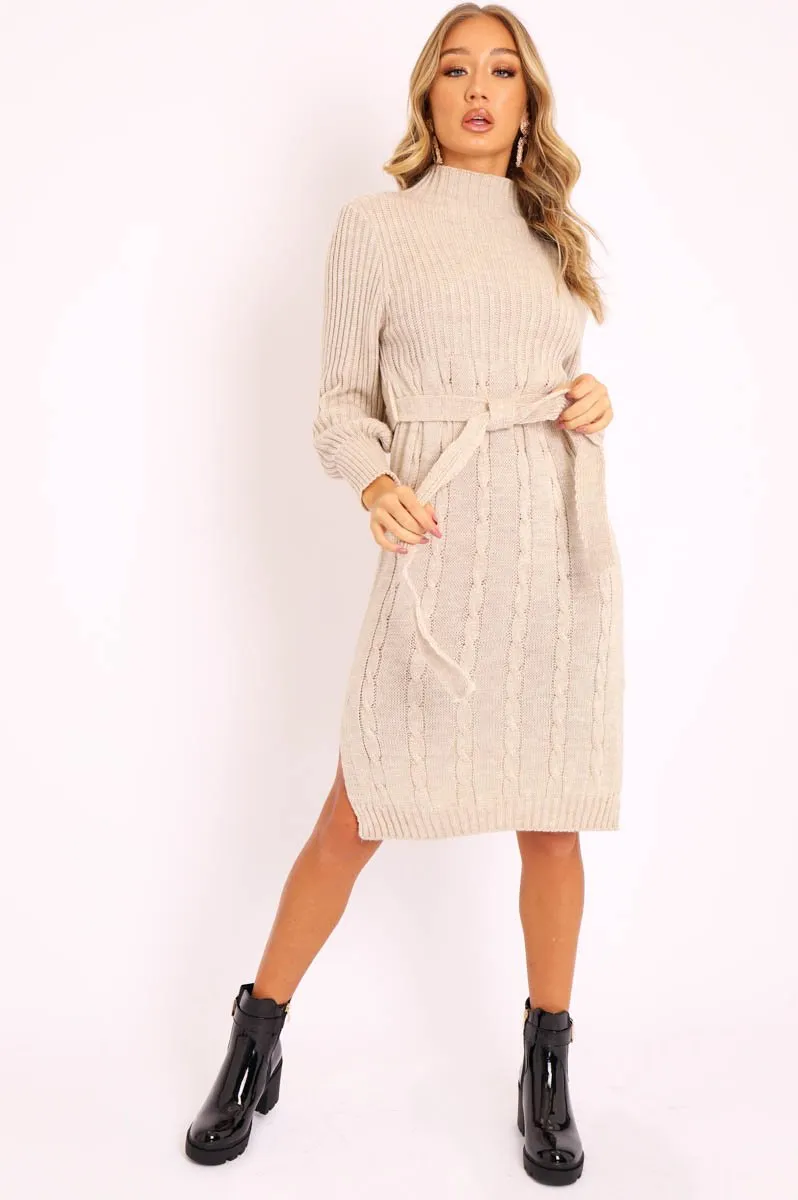 Beige Tie Waist High Neck Midi Jumper Dress - Ennie