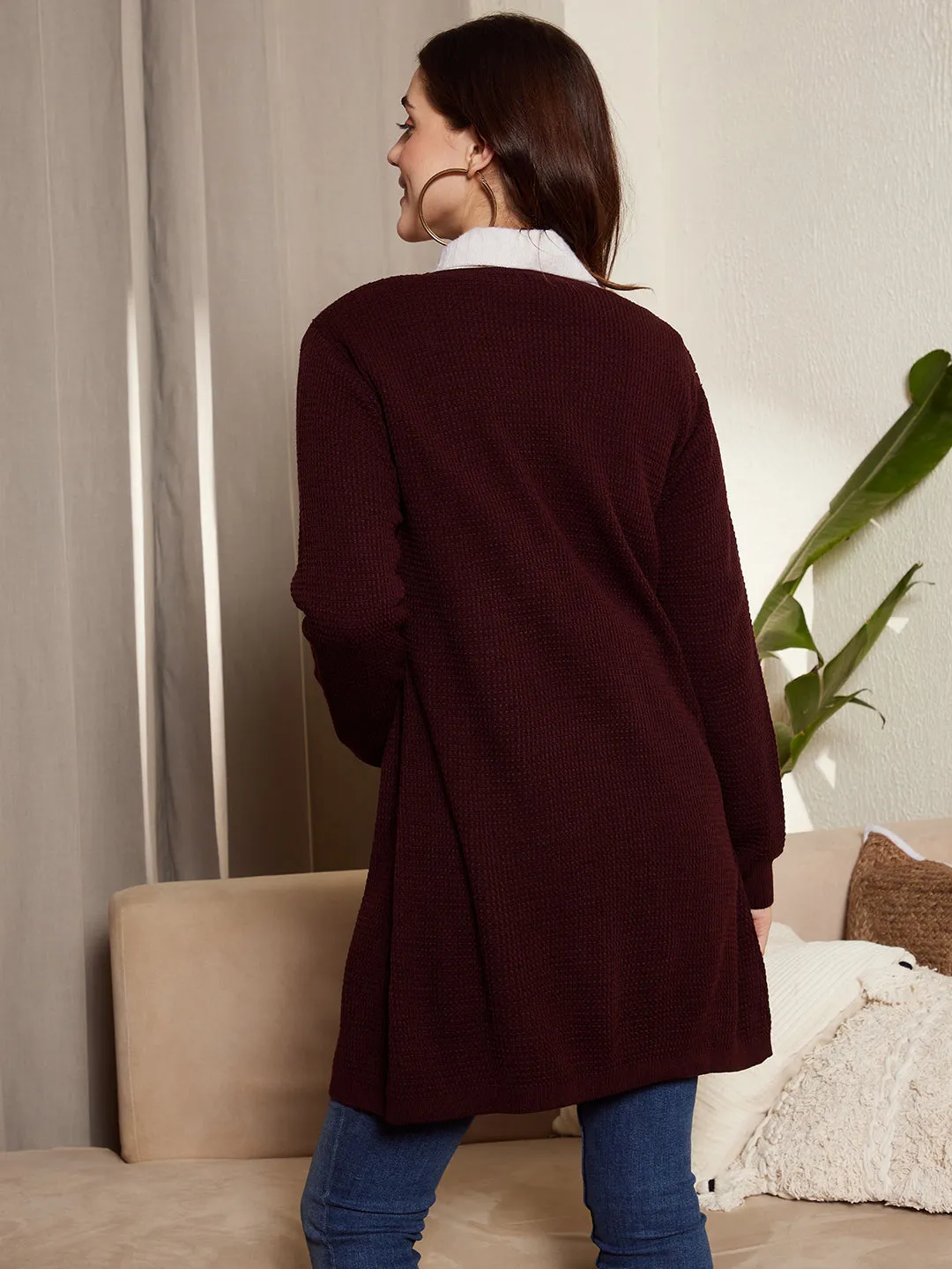 Berrylush Women Solid Maroon Open-Front Acrylic Straight Hem Knitted Longline Cardigan