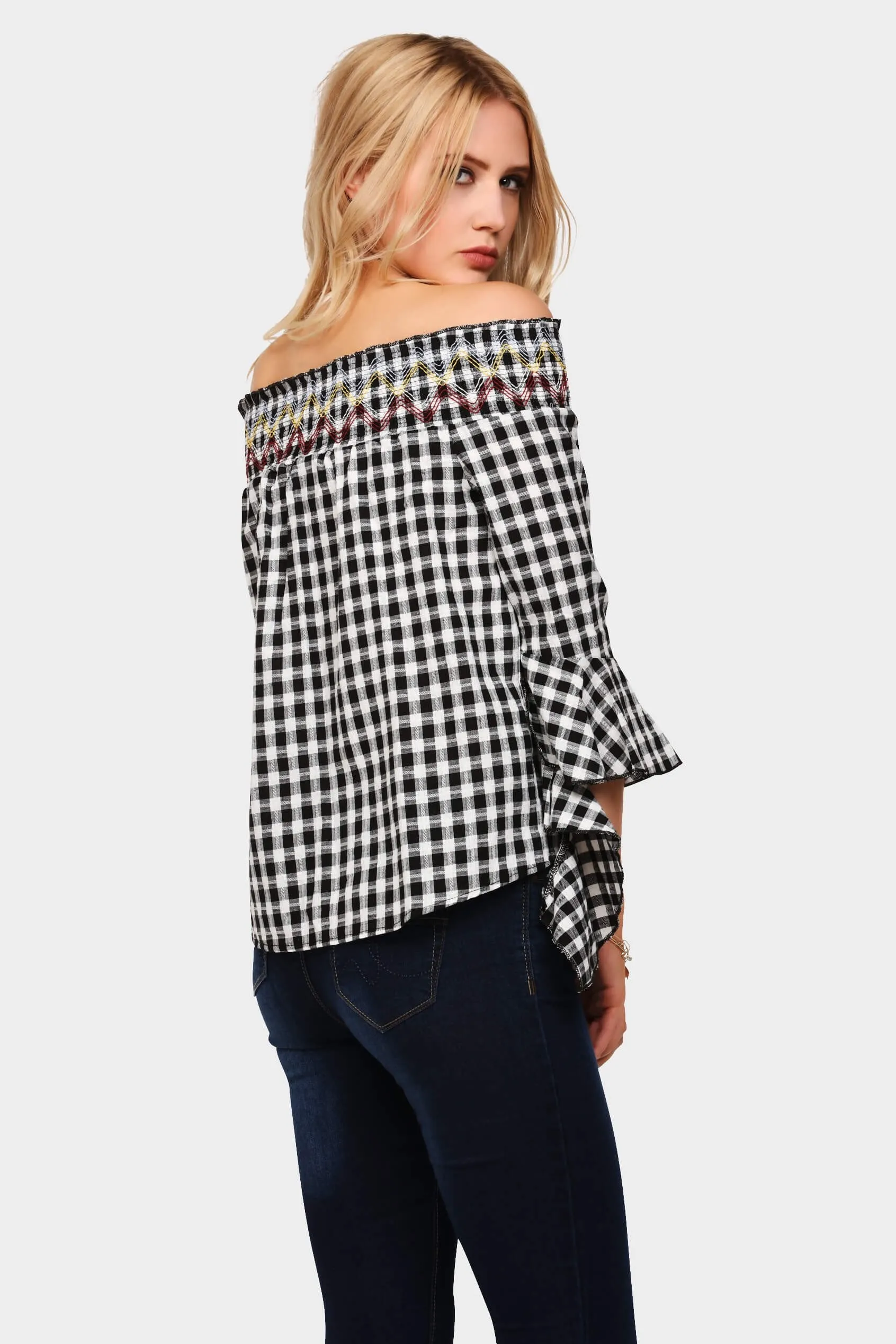 Black Gingham Off Shoulder Top