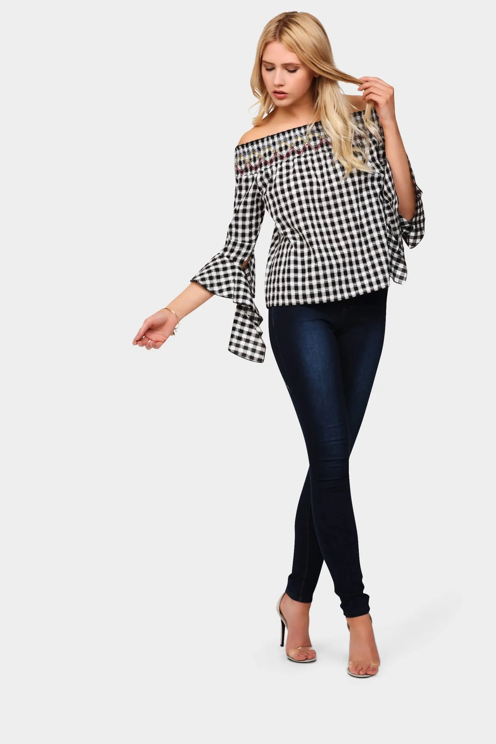 Black Gingham Off Shoulder Top