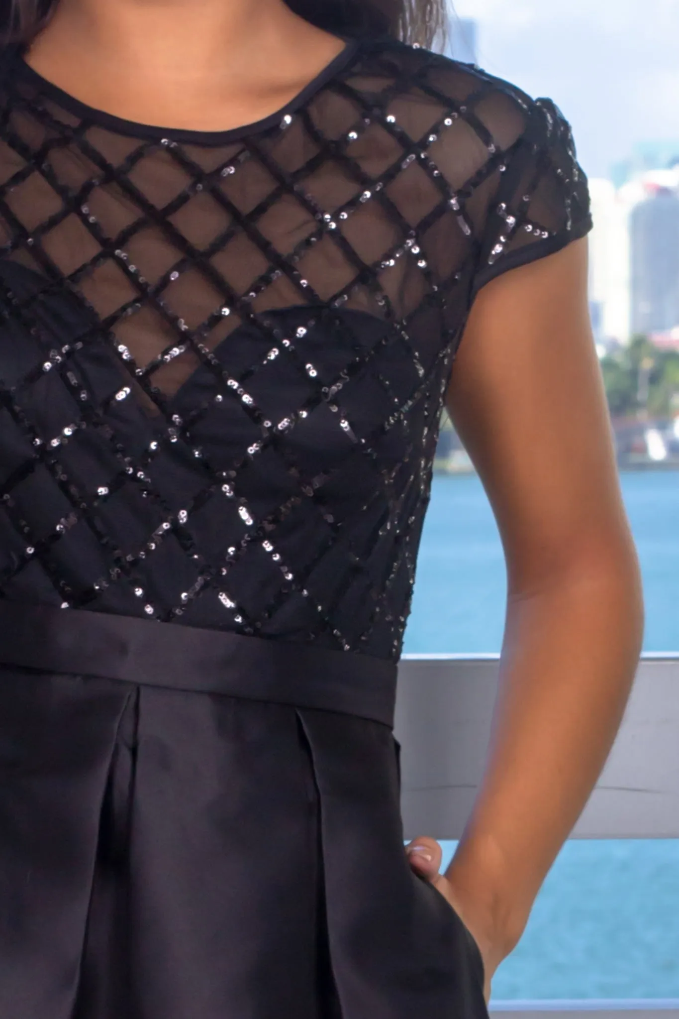 Black Sequin Top Short Dress with Pockets