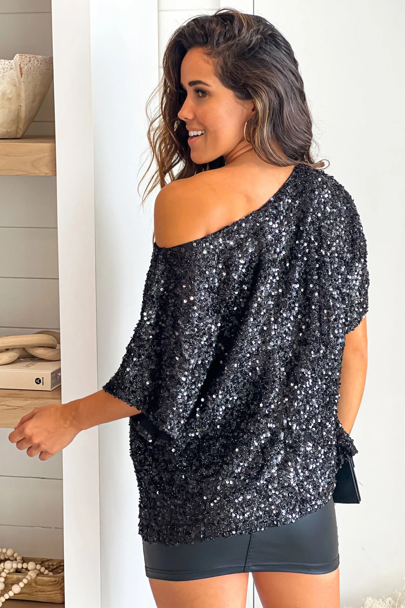 Black Sequin Wide Neck Top