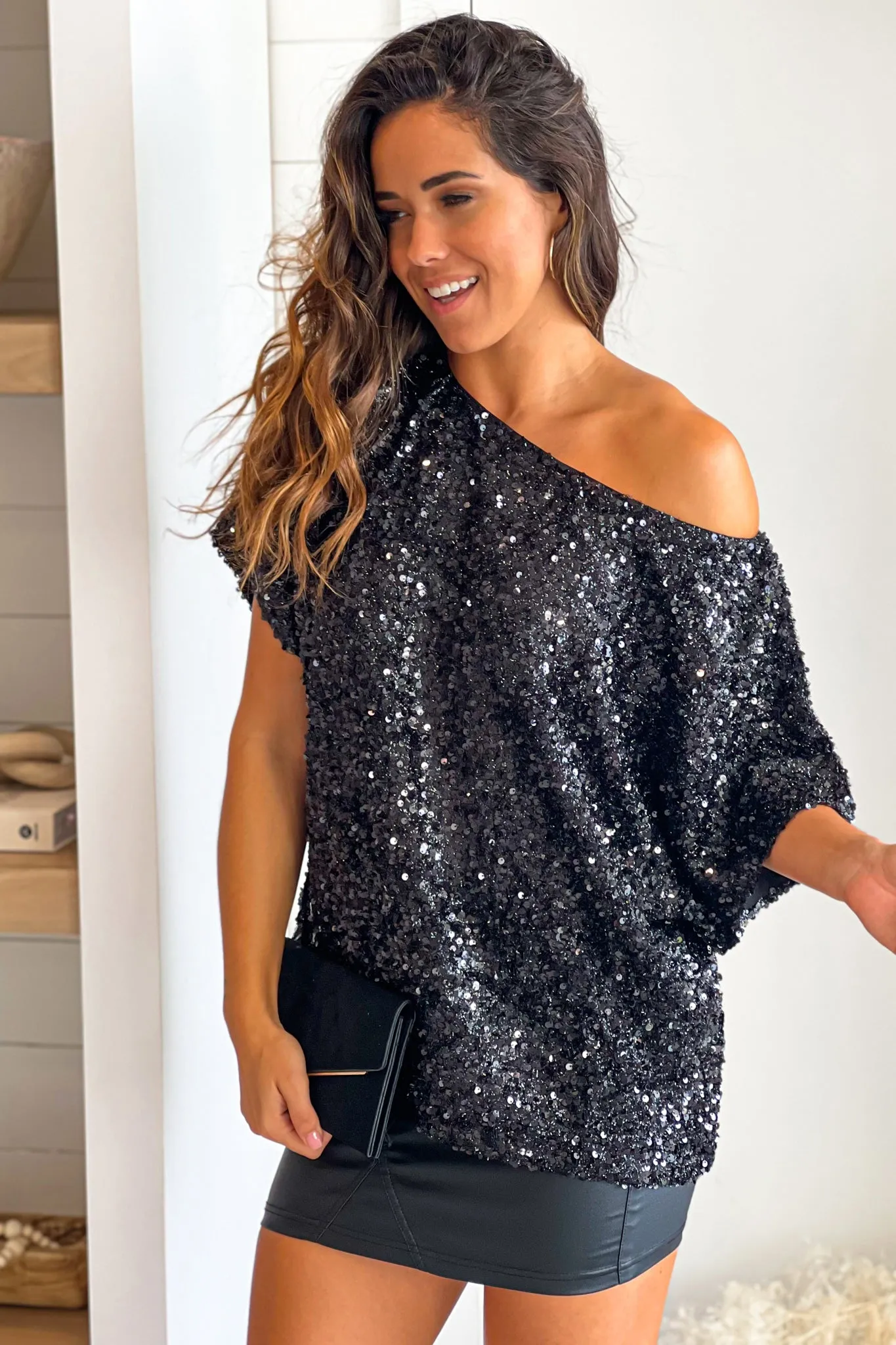 Black Sequin Wide Neck Top