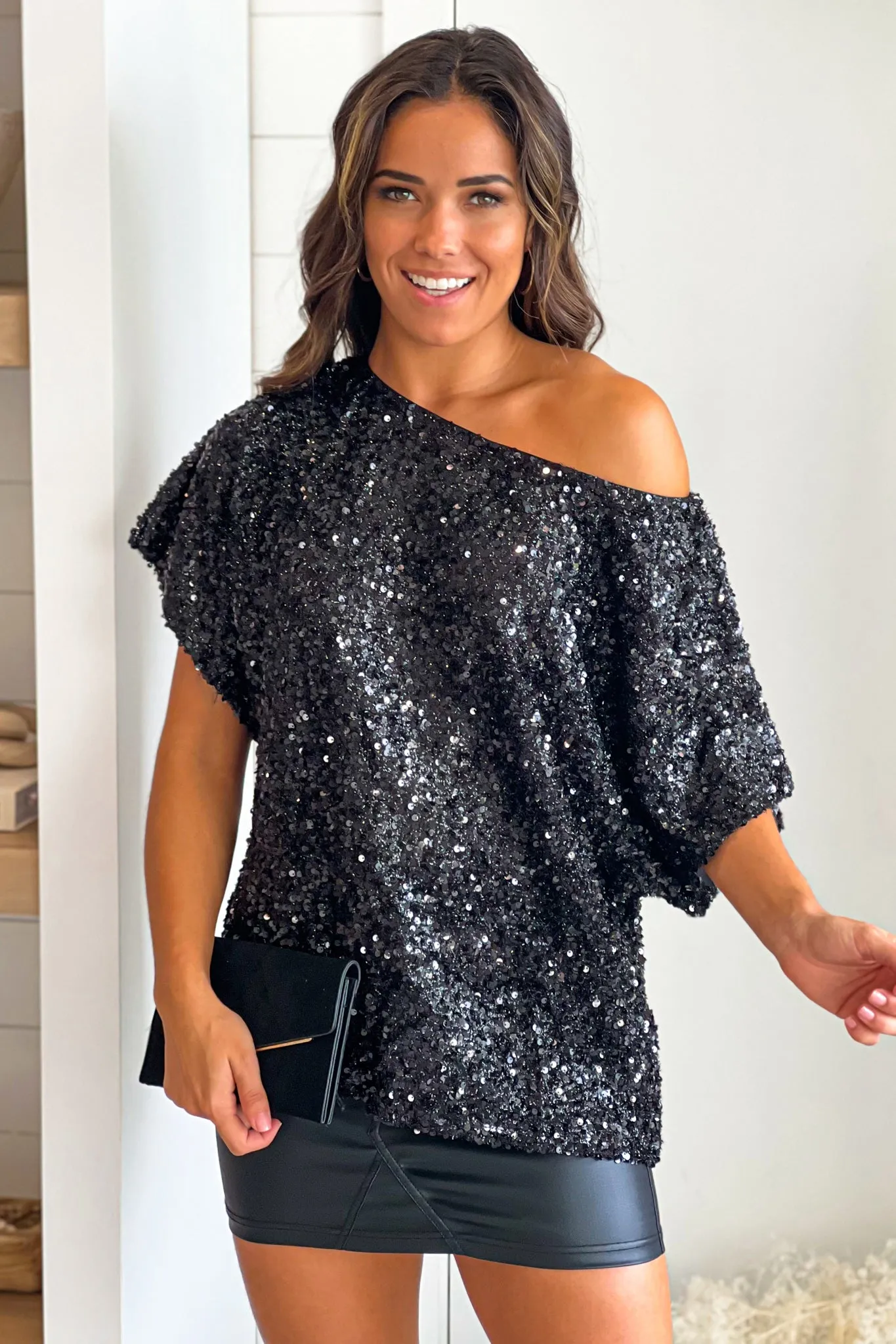 Black Sequin Wide Neck Top