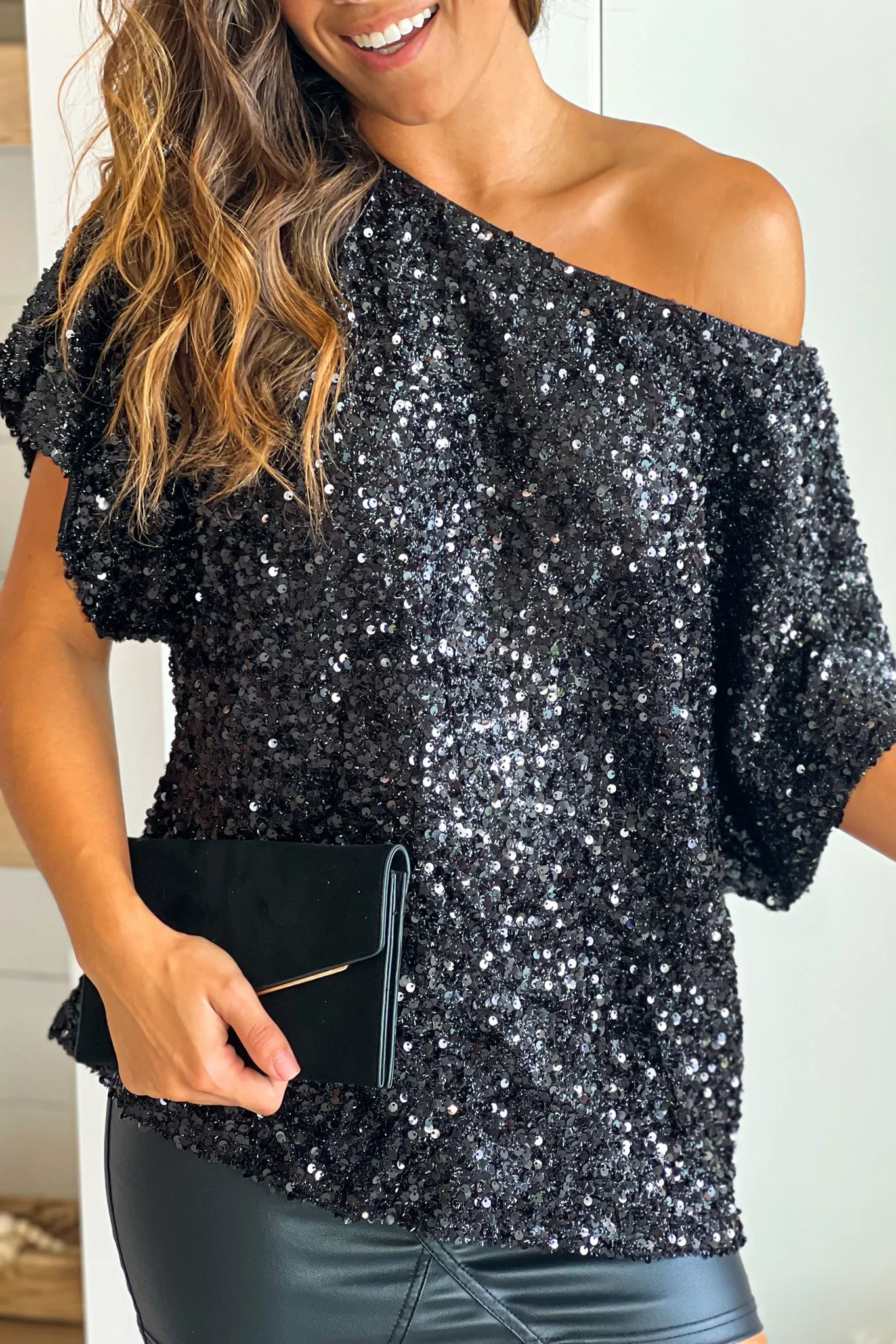 Black Sequin Wide Neck Top