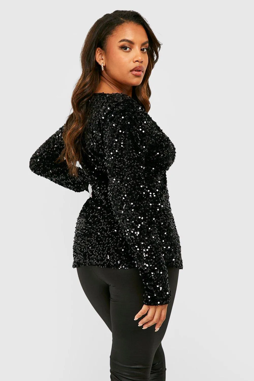 Boohoo Velvet Off Shoulder Sequin Top, Black