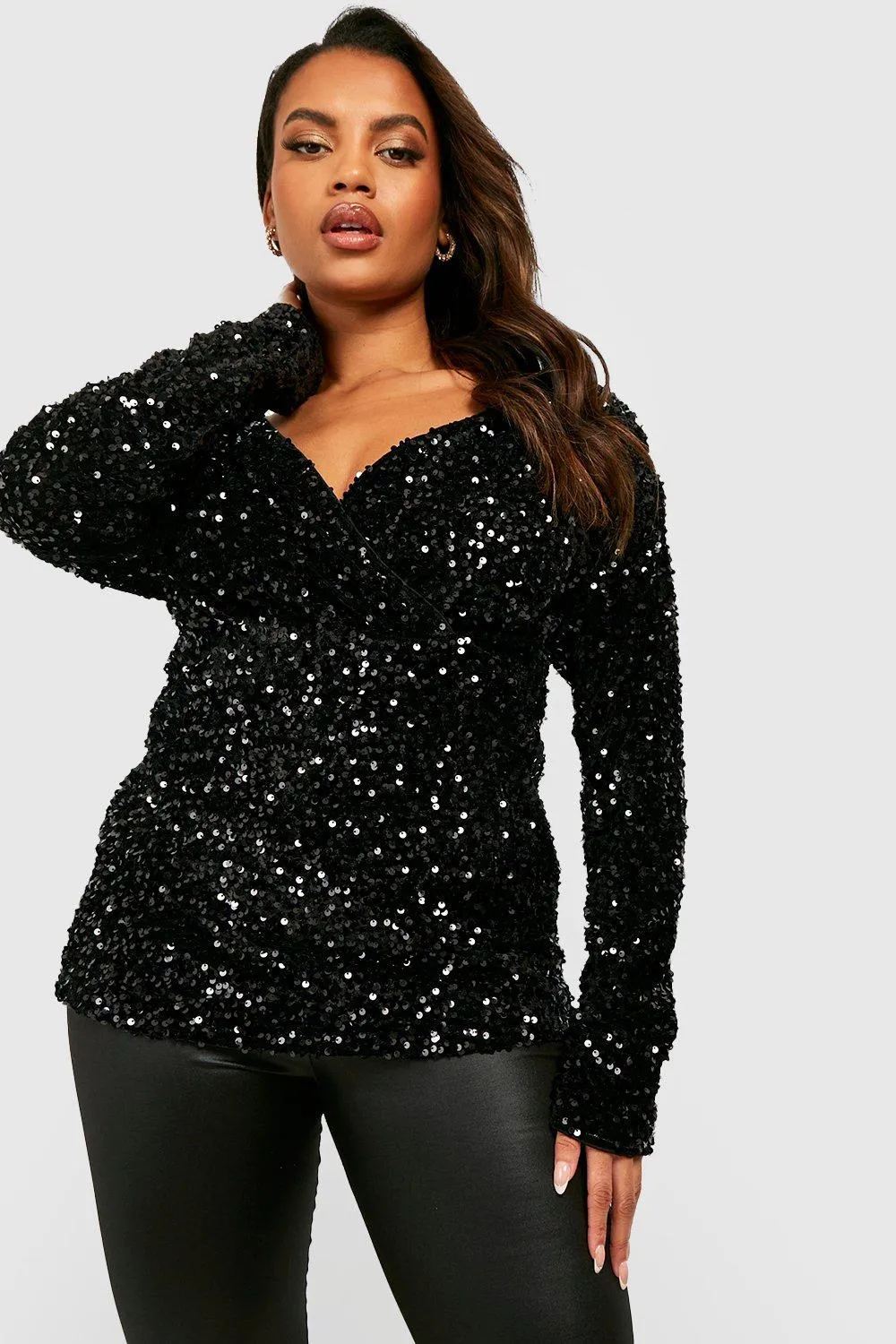 Boohoo Velvet Off Shoulder Sequin Top, Black