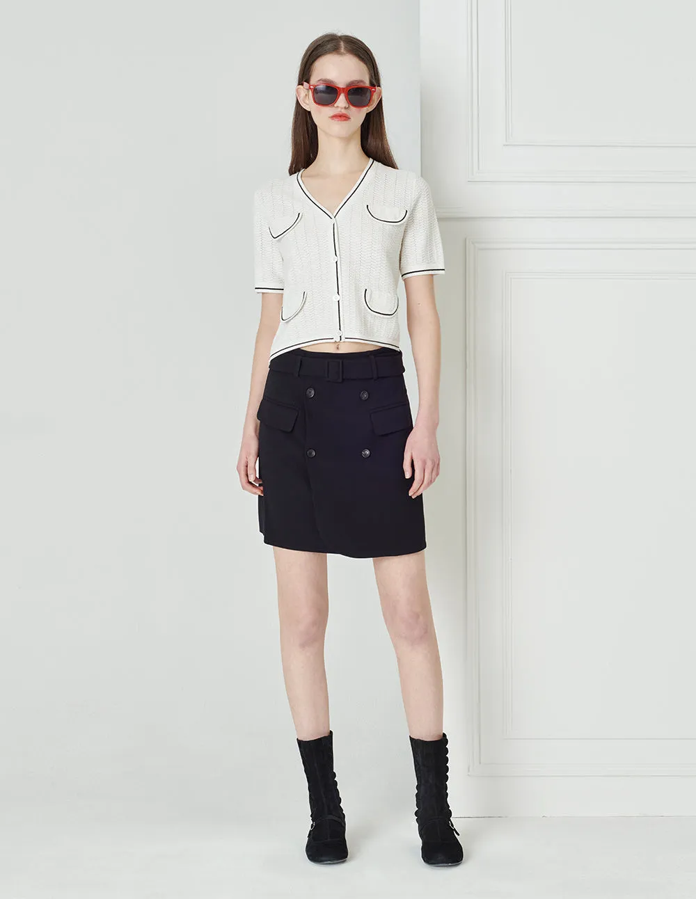 BORA AKSU Black And White Colour-Block Hollow Texture V-Neck Short-Sleeved Sweater