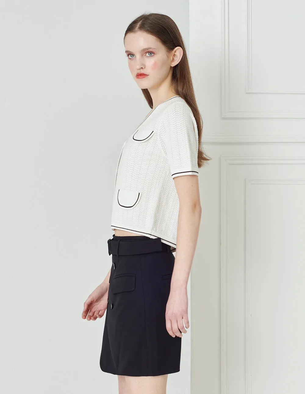 BORA AKSU Black And White Colour-Block Hollow Texture V-Neck Short-Sleeved Sweater