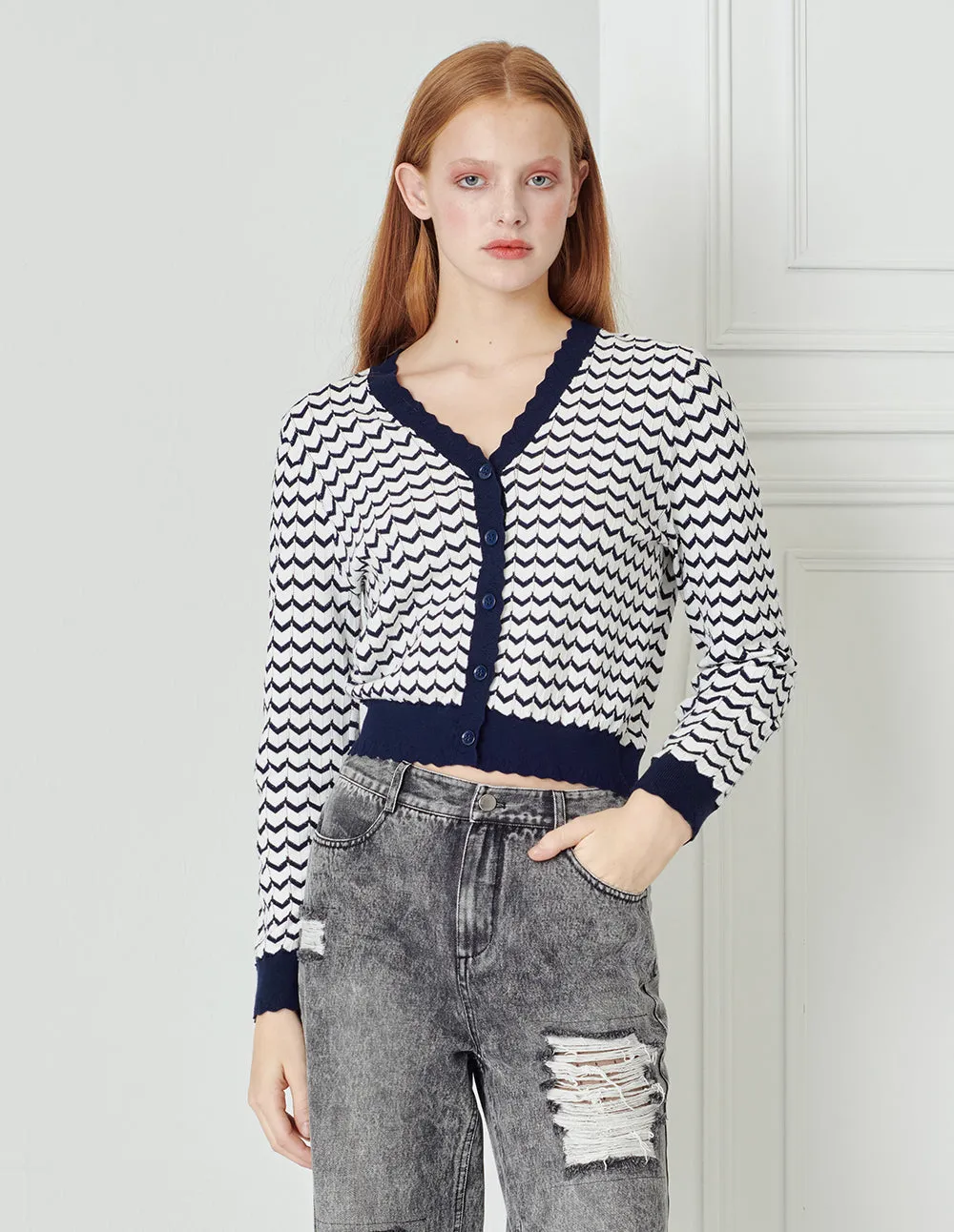 BORA AKSU Blue and White Striped  V-Neck Cardigan