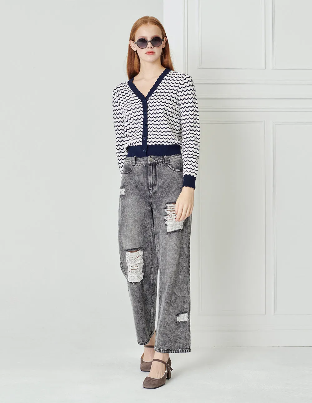 BORA AKSU Blue and White Striped  V-Neck Cardigan