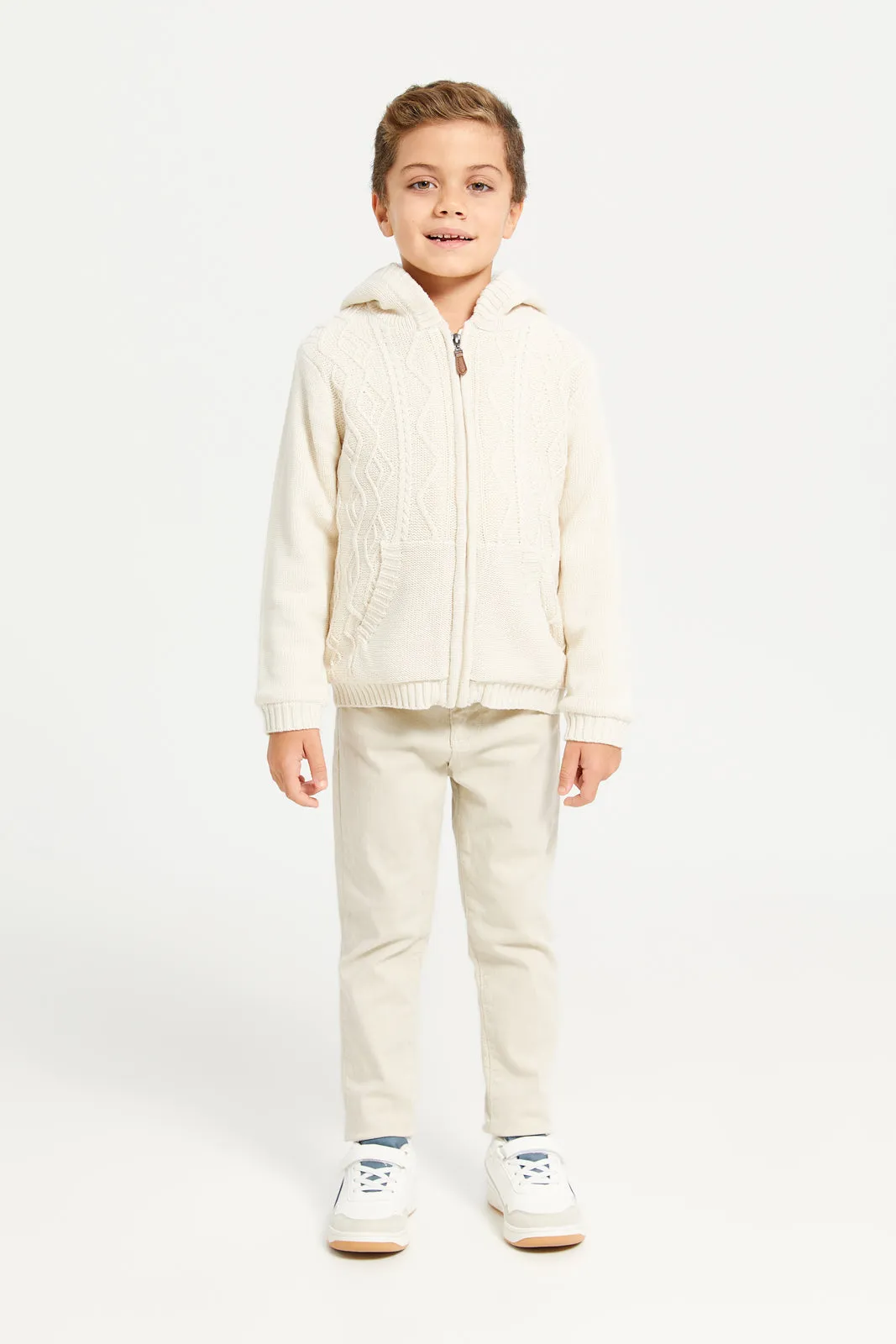 Boys Cream Zip Thur Fur Lining Hooded Cardigan