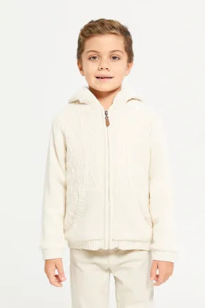 Boys Cream Zip Thur Fur Lining Hooded Cardigan