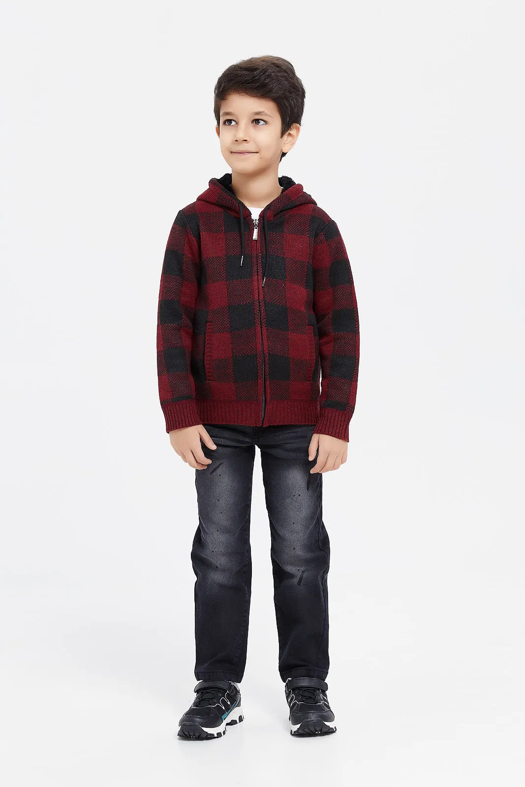 Boys Red And Black Checkered Hooded Zipper Cardigan