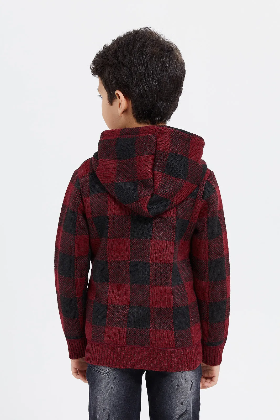 Boys Red And Black Checkered Hooded Zipper Cardigan