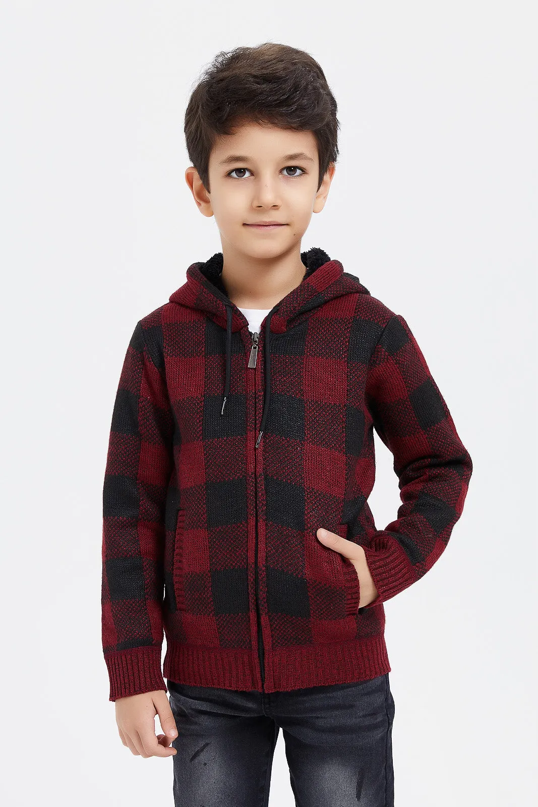 Boys Red And Black Checkered Hooded Zipper Cardigan