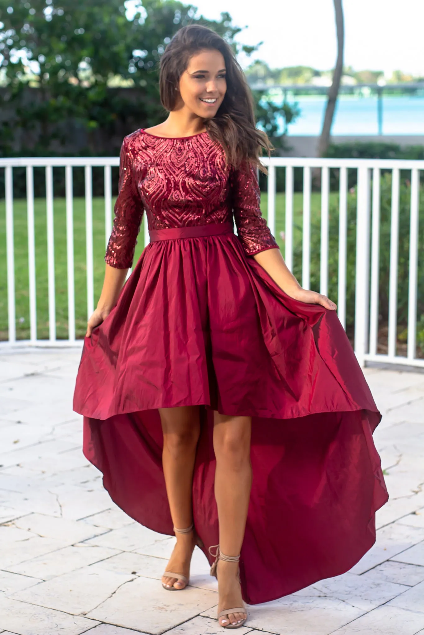 Burgundy Sequin Top High Low Dress