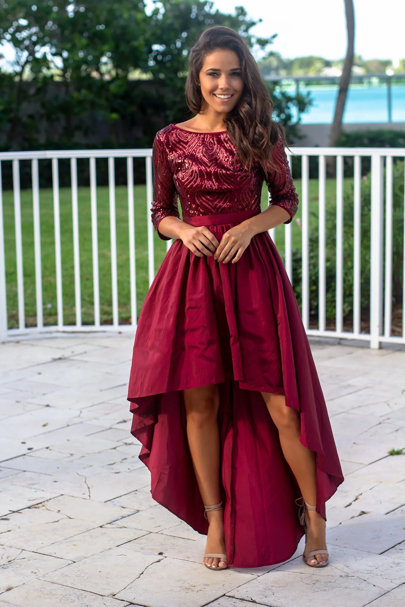 Burgundy Sequin Top High Low Dress