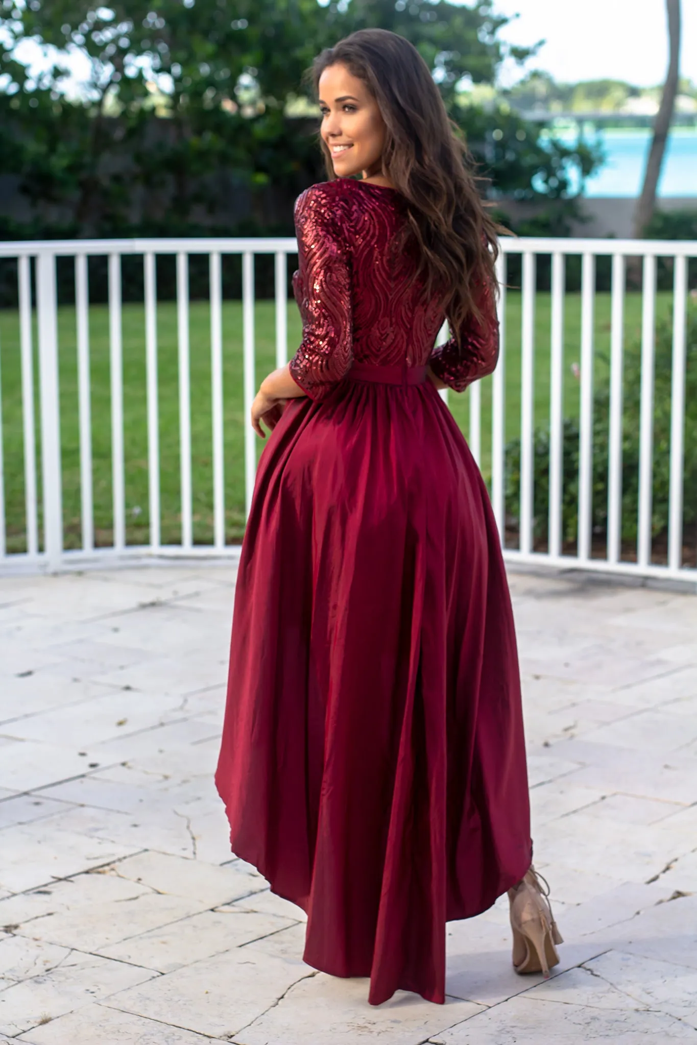 Burgundy Sequin Top High Low Dress