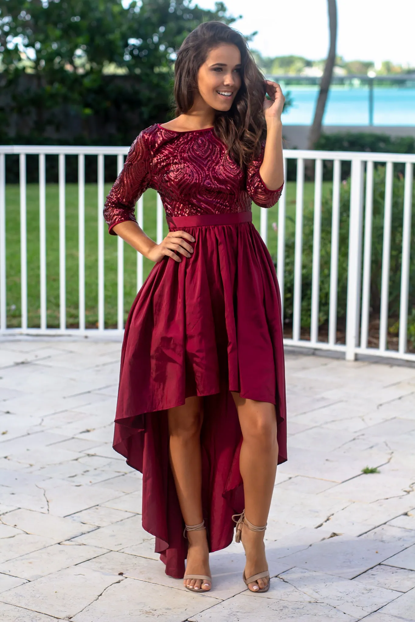 Burgundy Sequin Top High Low Dress