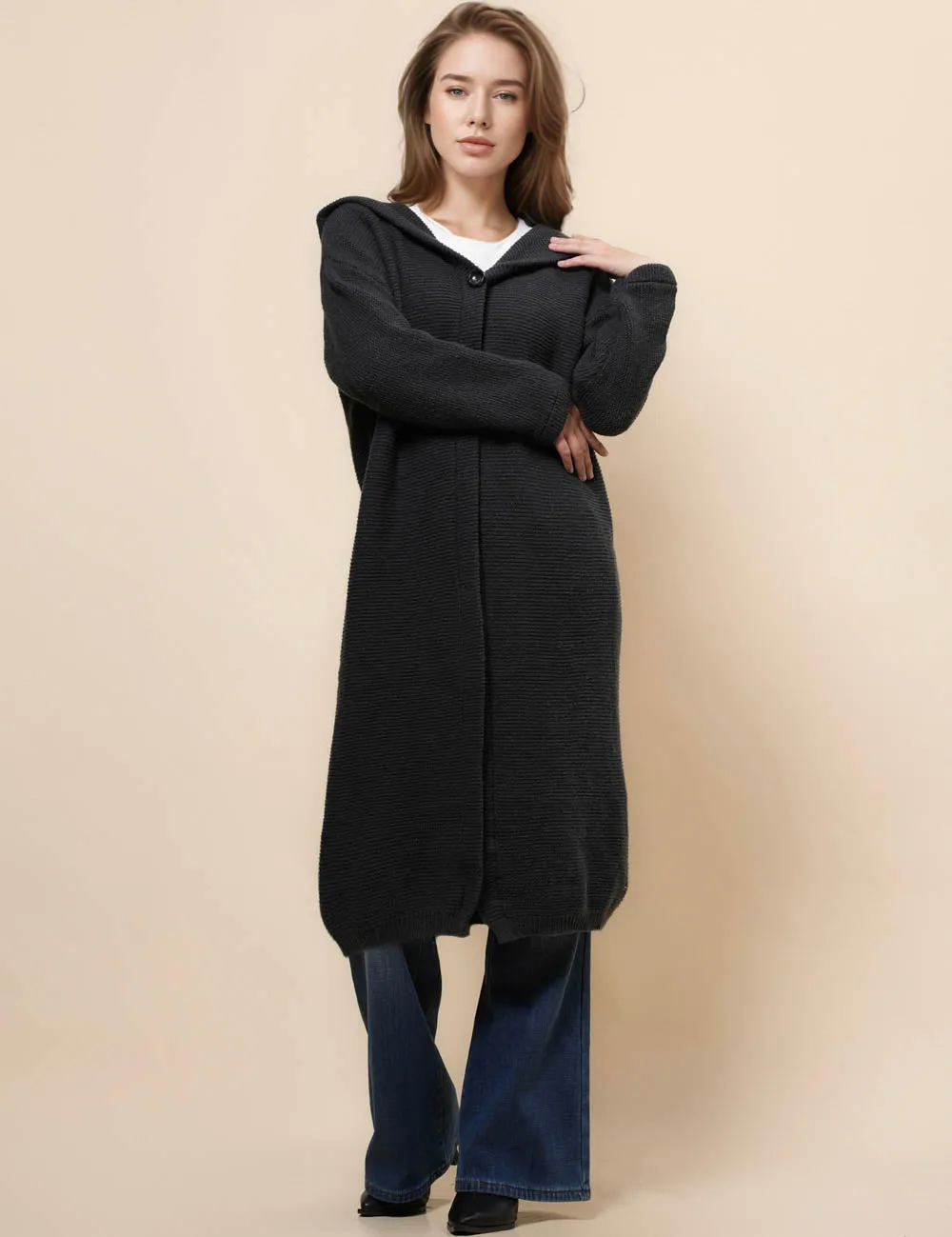 Button Hooded Solid Color Sweater Coat Cardigan NG5135A