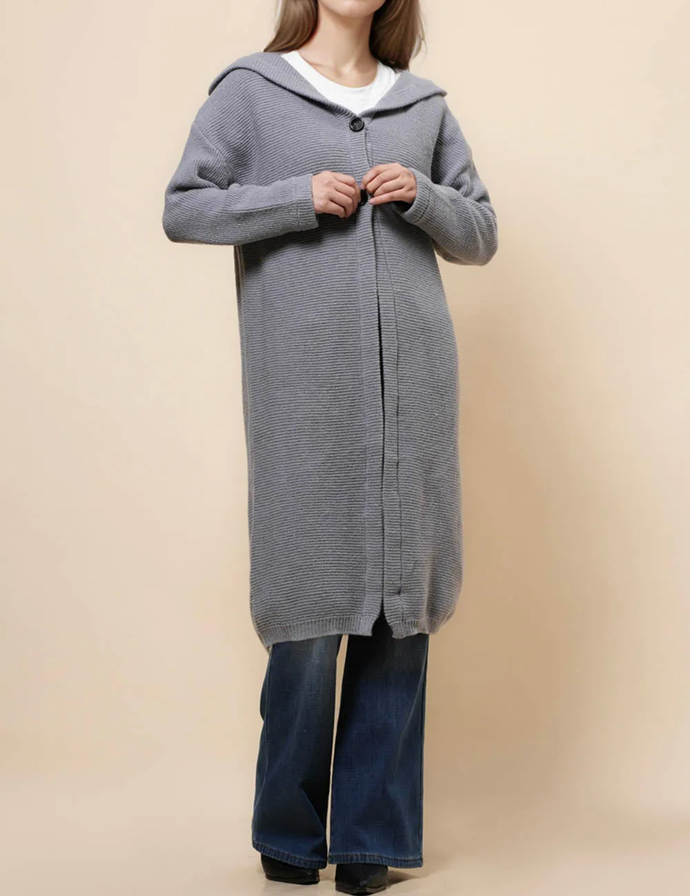 Button Hooded Solid Color Sweater Coat Cardigan NG5135A