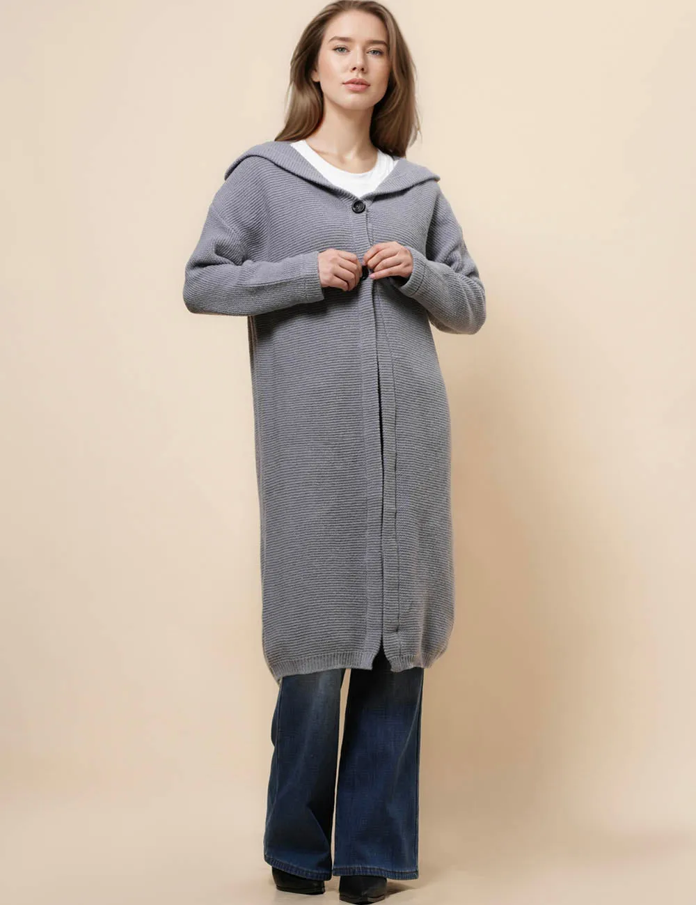 Button Hooded Solid Color Sweater Coat Cardigan NG5135A