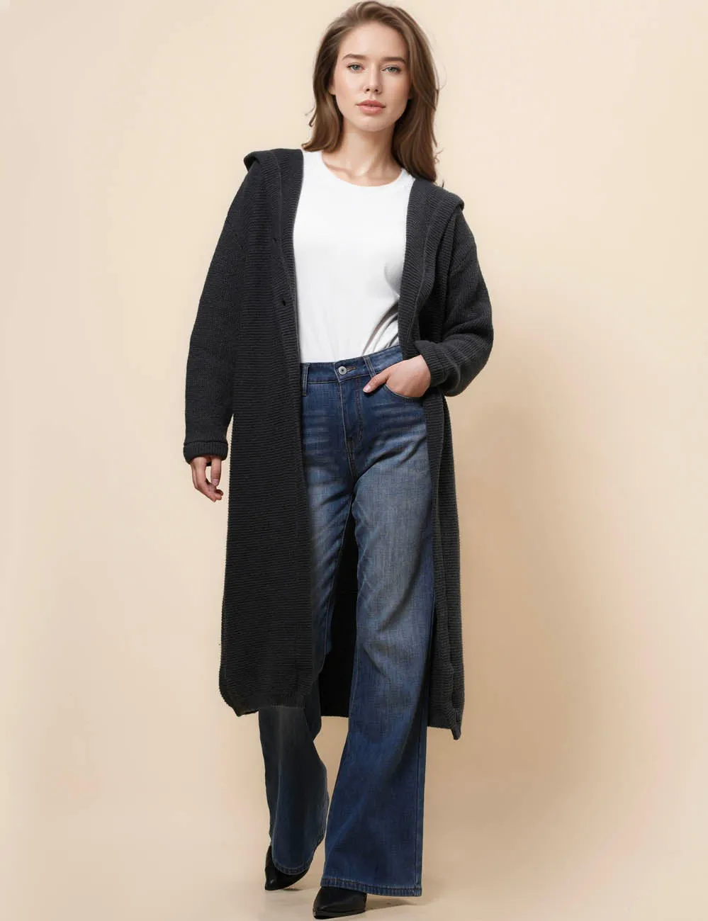 Button Hooded Solid Color Sweater Coat Cardigan NG5135A