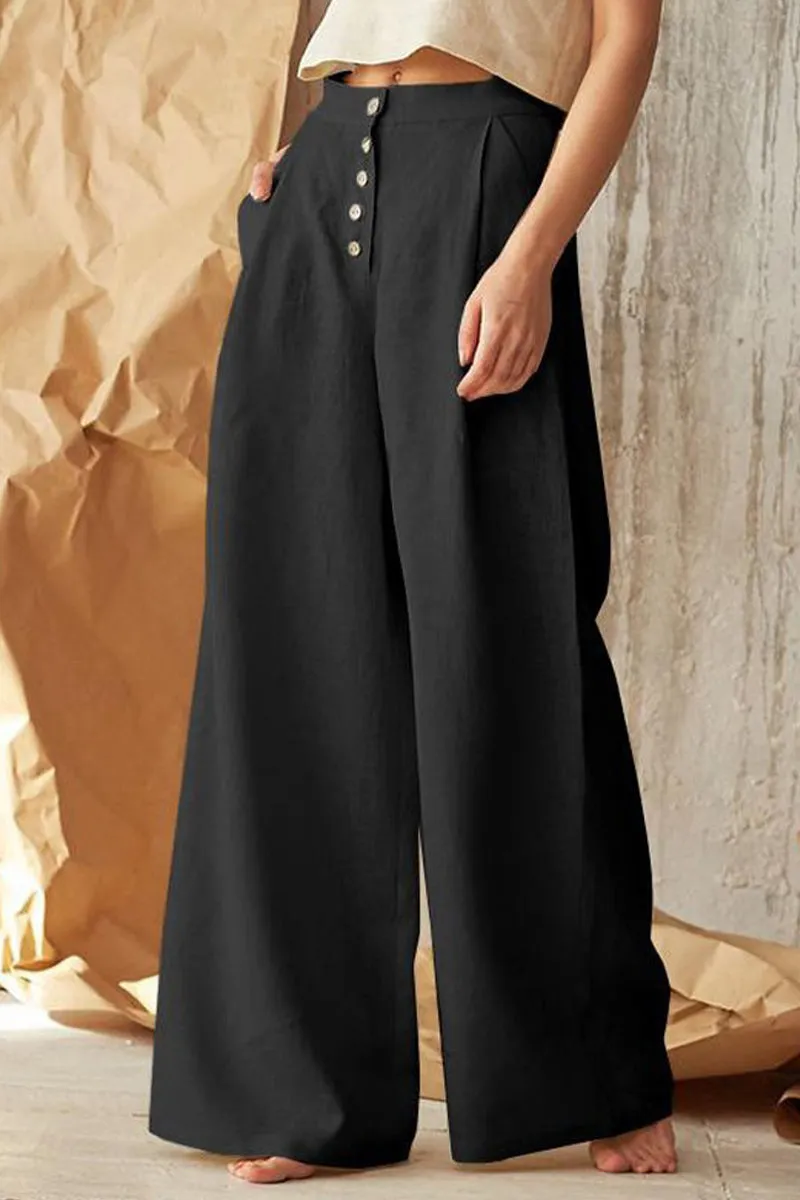 Casual British Style Solid Buttons Loose High Waist Wide Leg Solid Color Bottoms