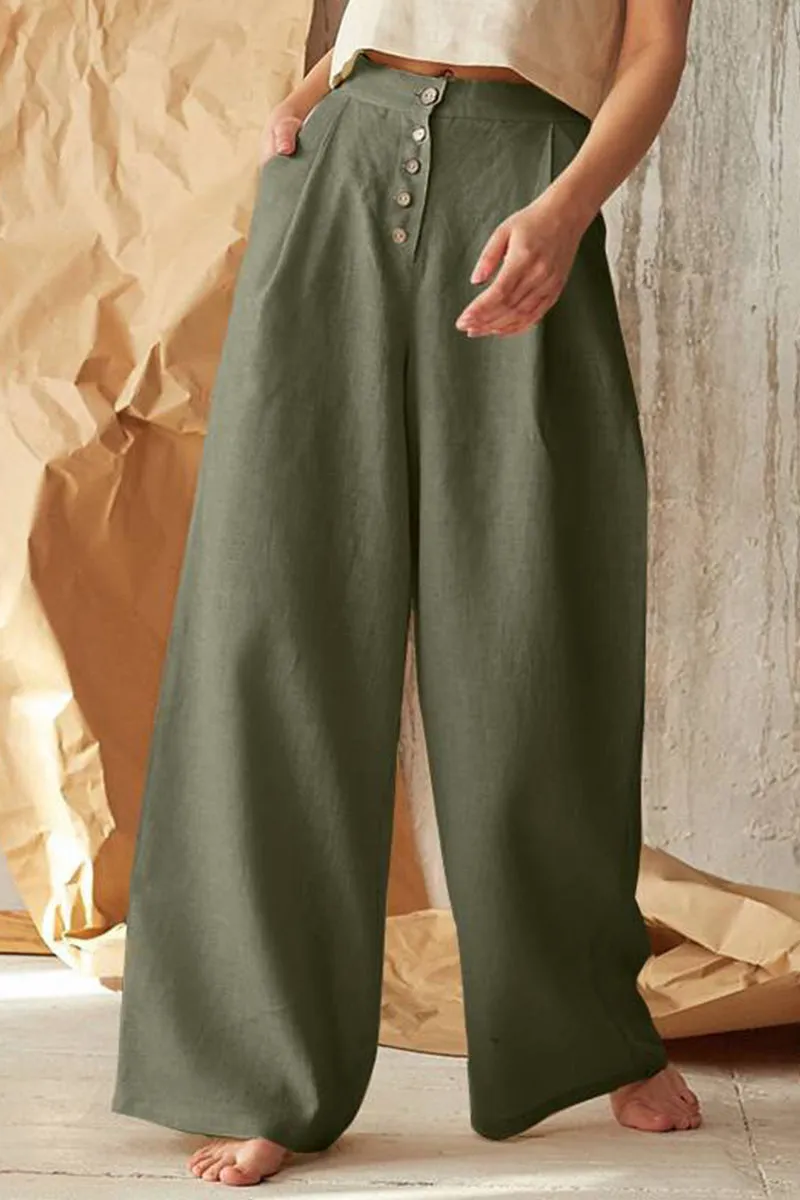 Casual British Style Solid Buttons Loose High Waist Wide Leg Solid Color Bottoms