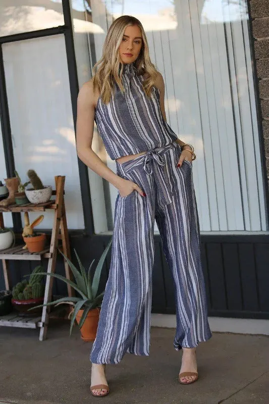 Chambray Striped Wide-Leg Pants