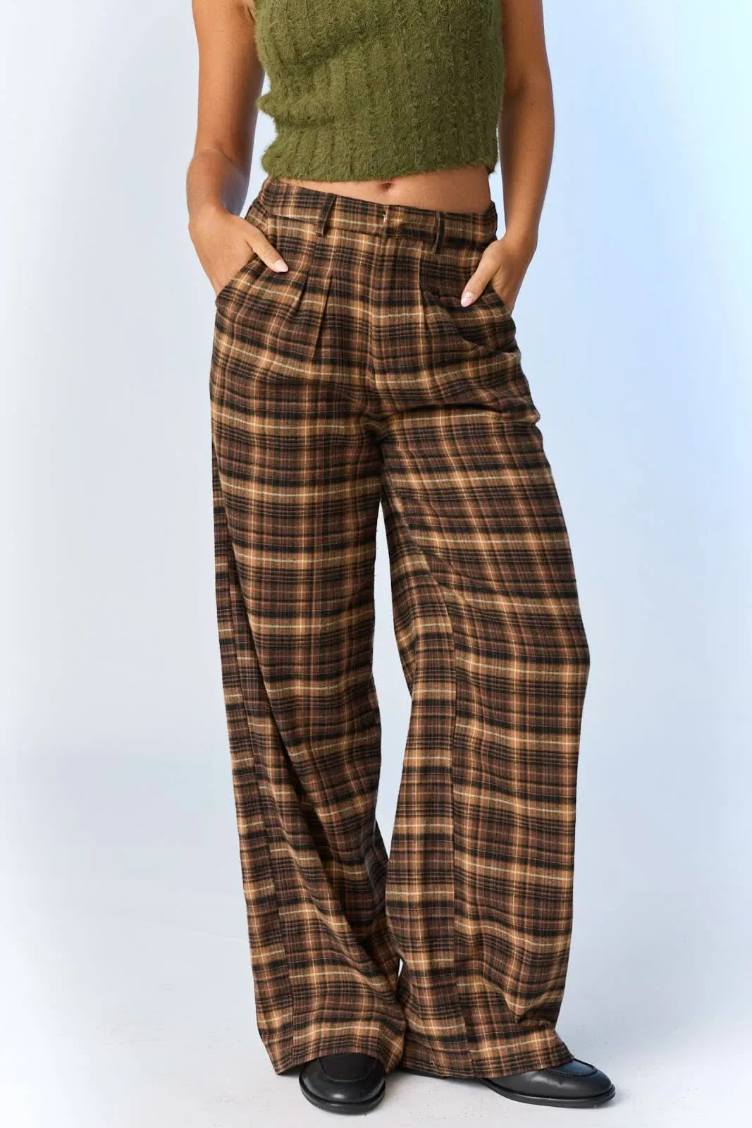 Chocolate Ava Wide-Leg Plaid Pants