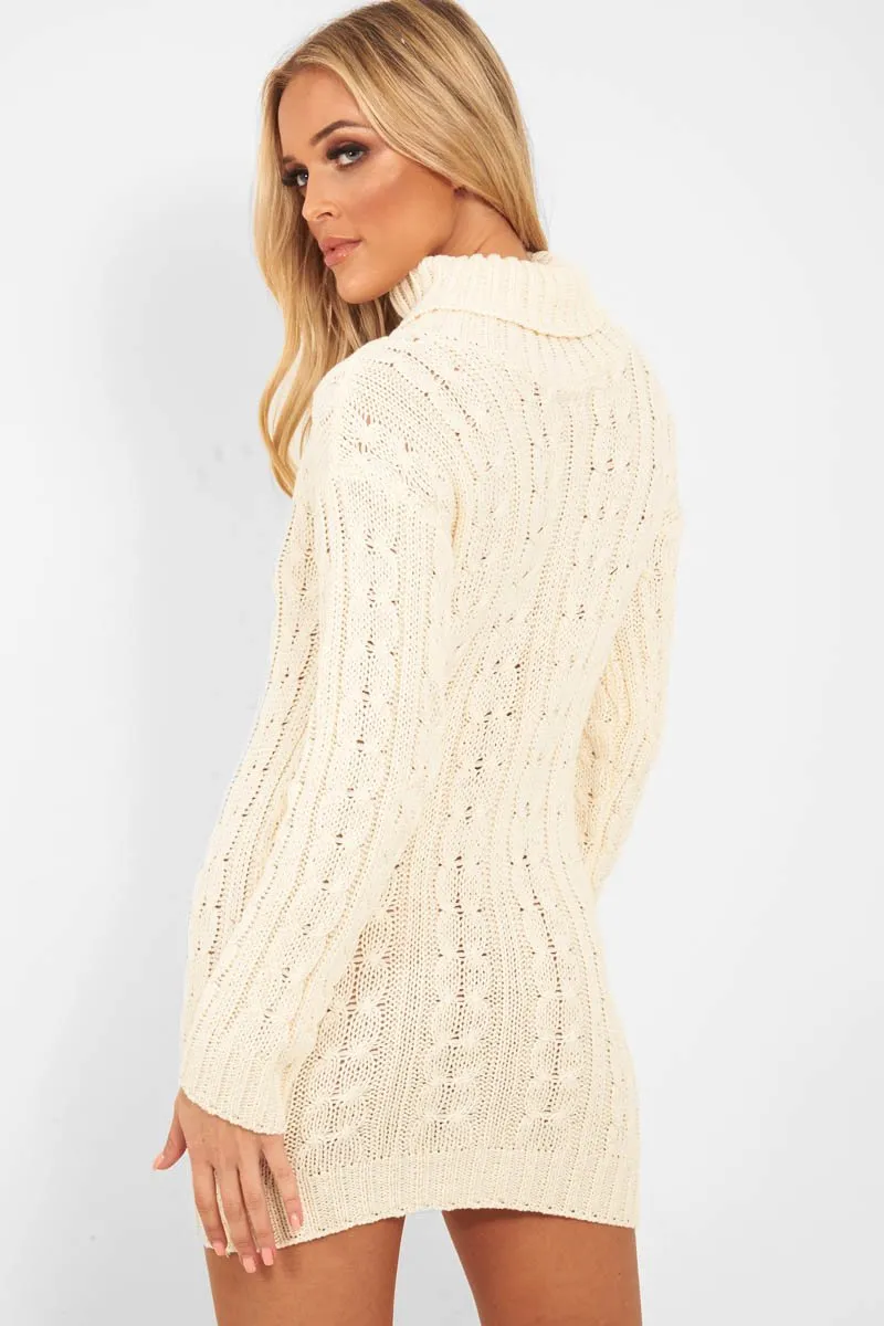 Cream Cable Knit Roll Neck Jumper Dress - Matilda