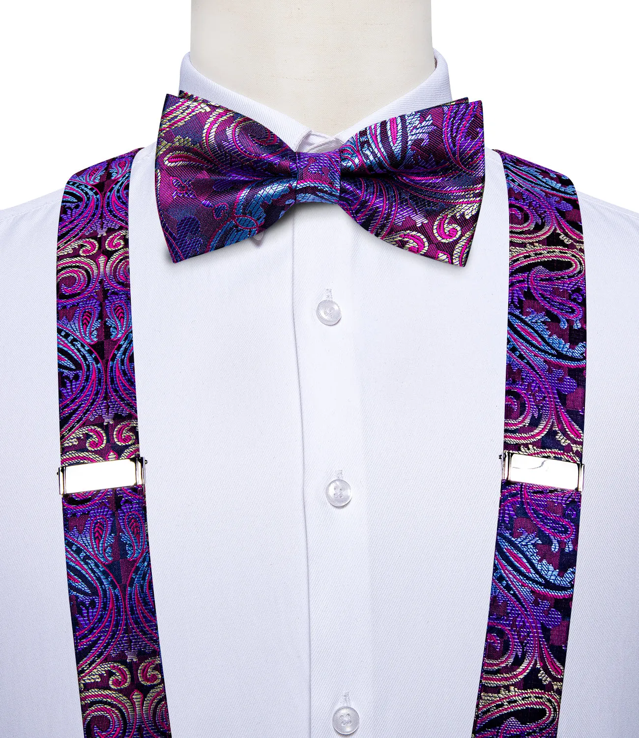 DiBanGu Men's Suspenders Novelty Purple Paisley Brace Clip-on Suspender with Bow Tie Set