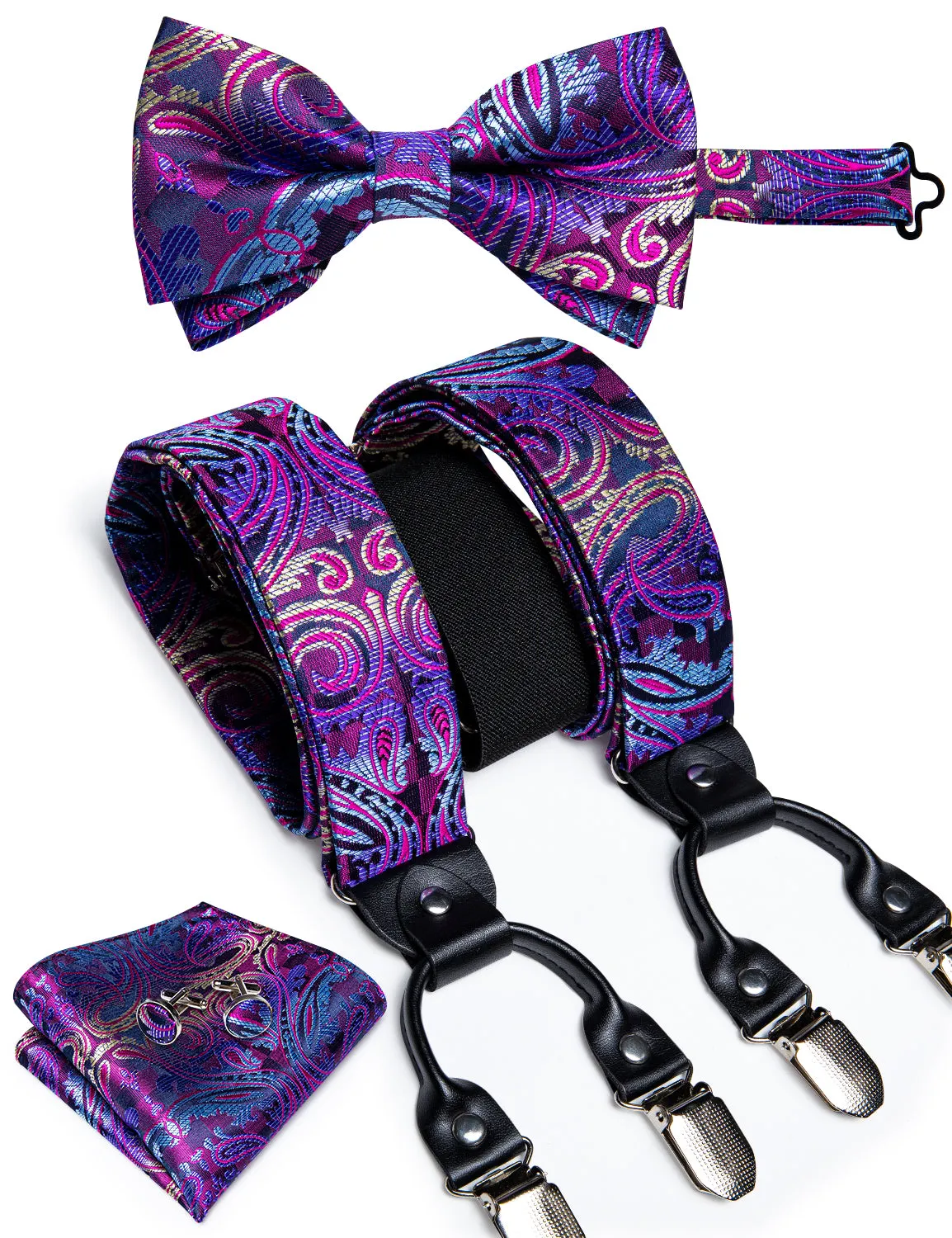 DiBanGu Men's Suspenders Novelty Purple Paisley Brace Clip-on Suspender with Bow Tie Set