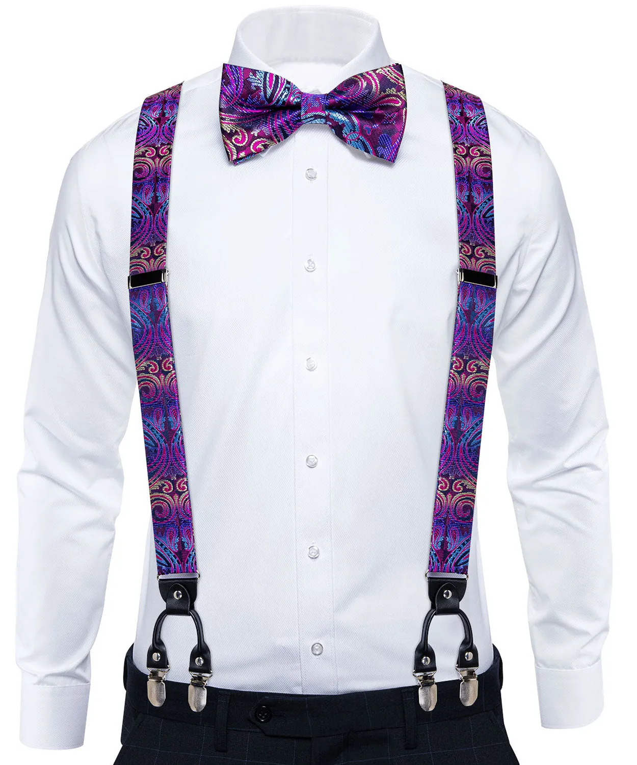 DiBanGu Men's Suspenders Novelty Purple Paisley Brace Clip-on Suspender with Bow Tie Set