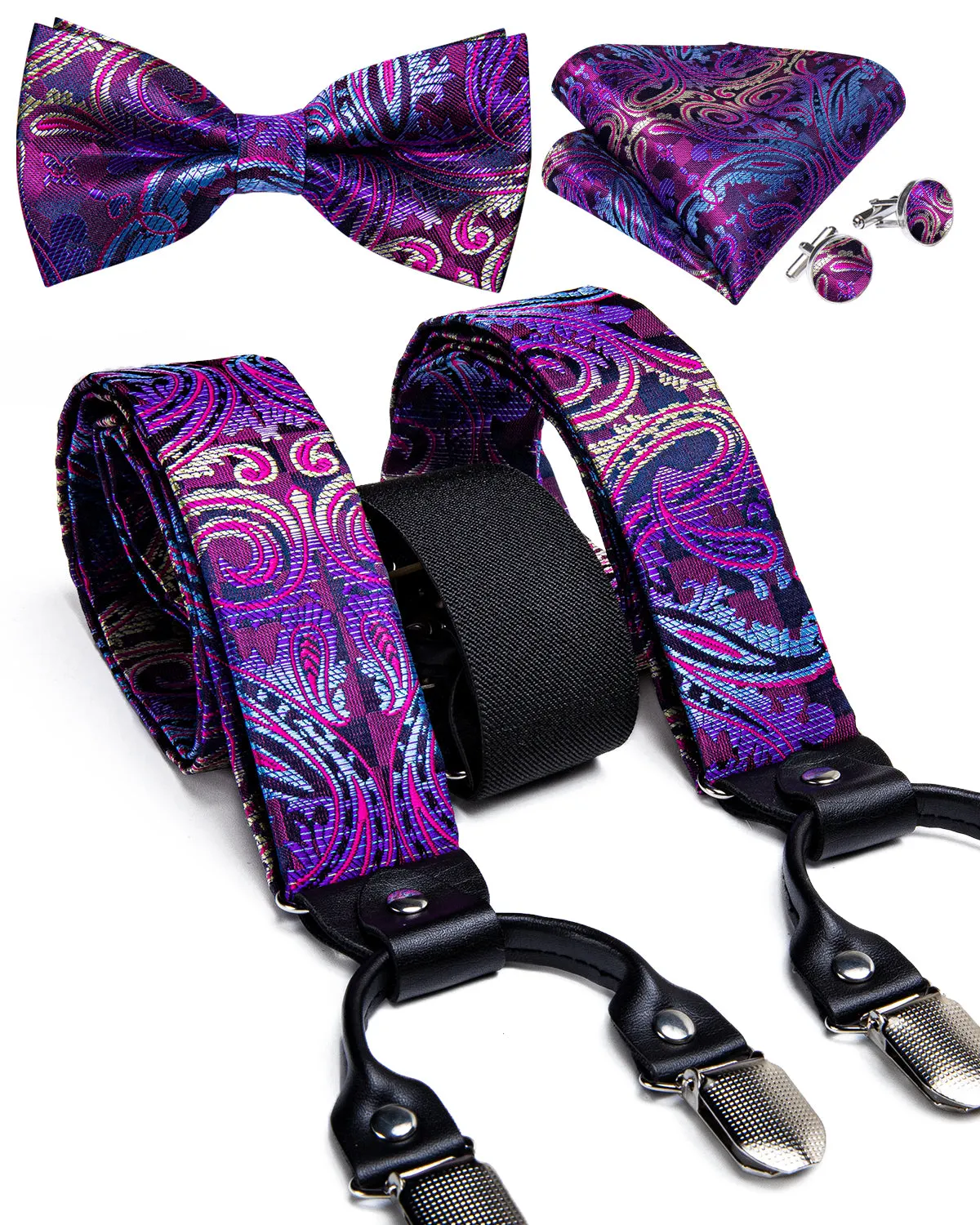 DiBanGu Men's Suspenders Novelty Purple Paisley Brace Clip-on Suspender with Bow Tie Set