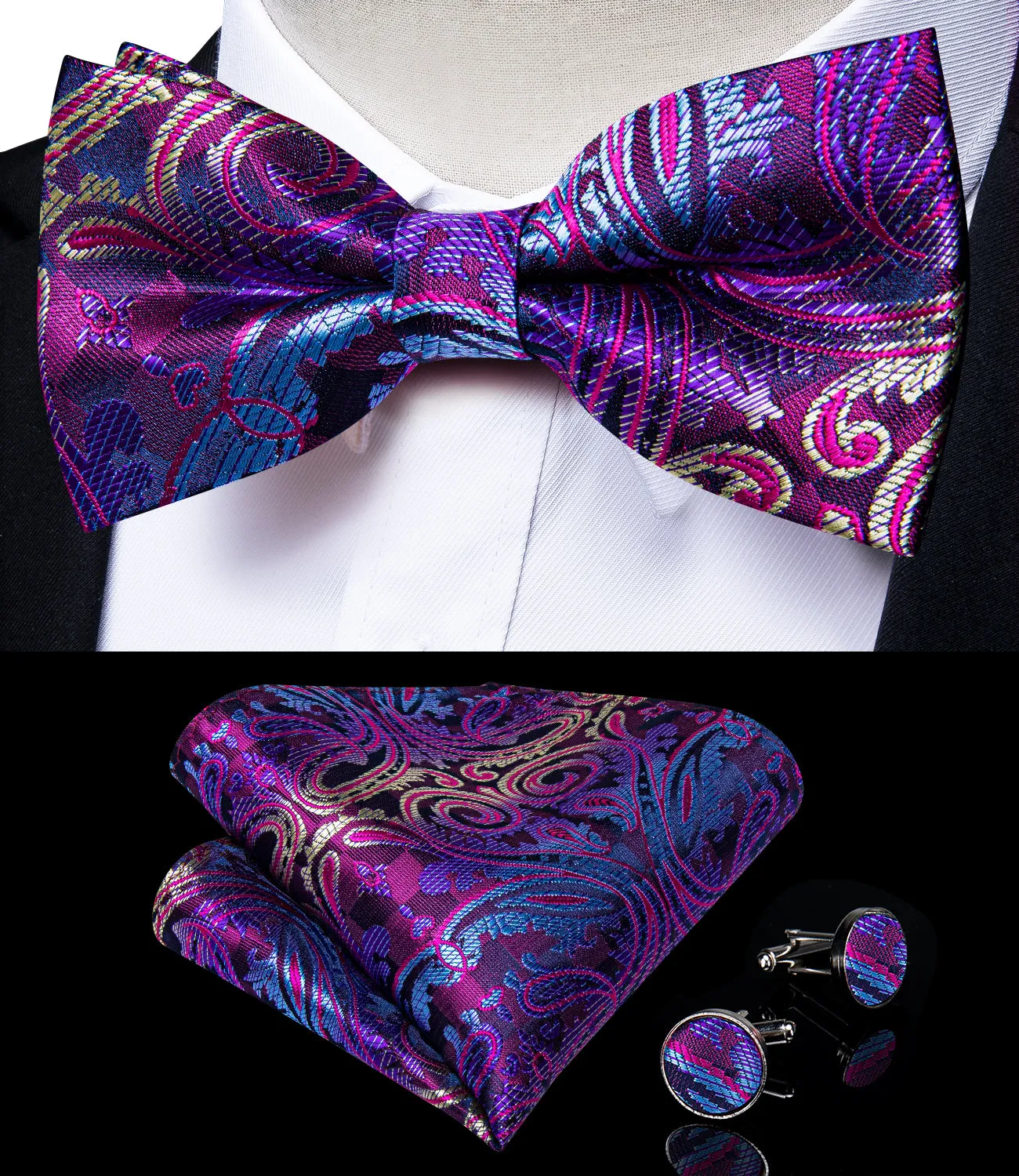 DiBanGu Men's Suspenders Novelty Purple Paisley Brace Clip-on Suspender with Bow Tie Set