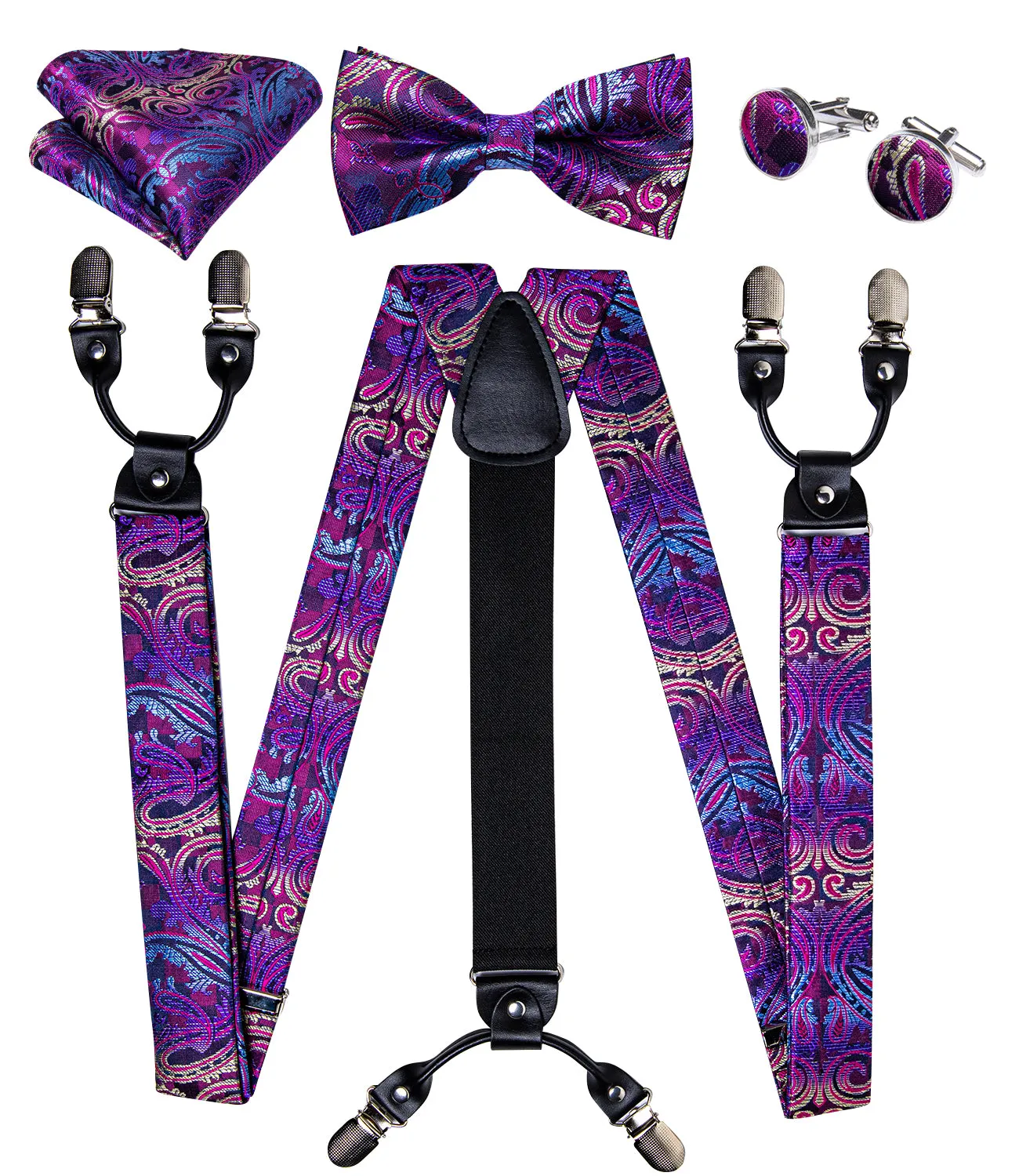 DiBanGu Men's Suspenders Novelty Purple Paisley Brace Clip-on Suspender with Bow Tie Set