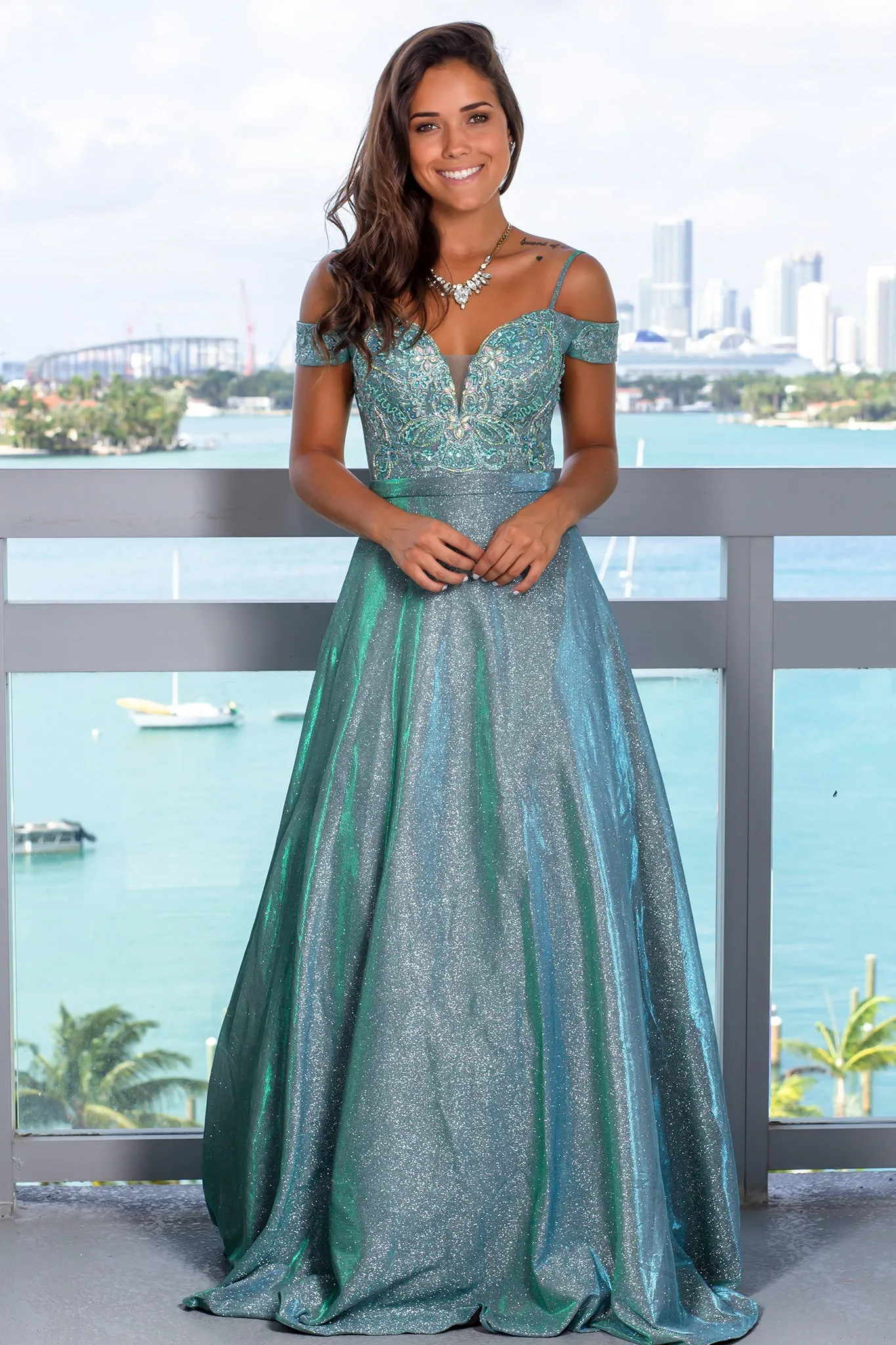 Emerald Shimmer Maxi Dress with Sequin Top