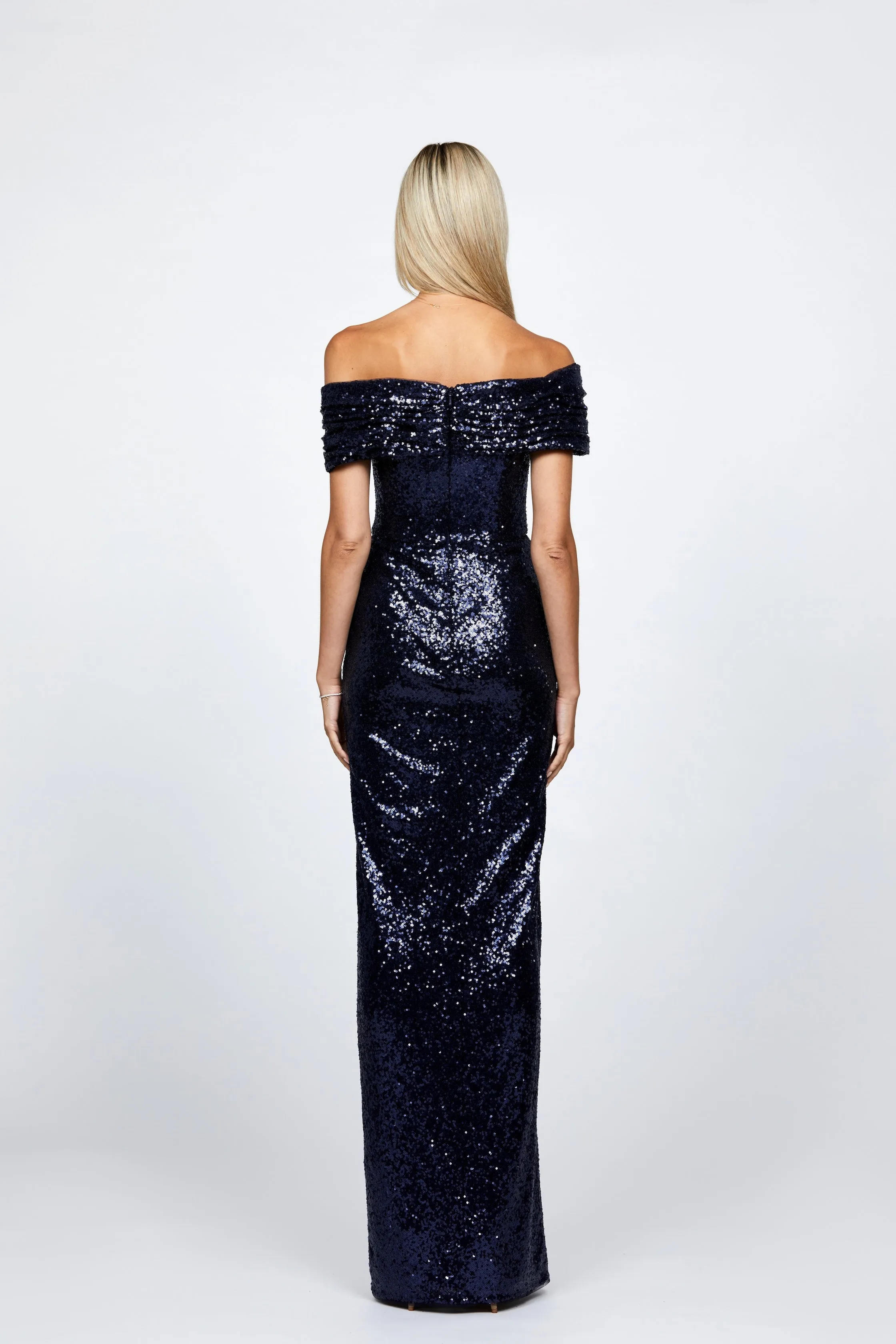 Evanie Draped Off Shoulder Sequin Gown